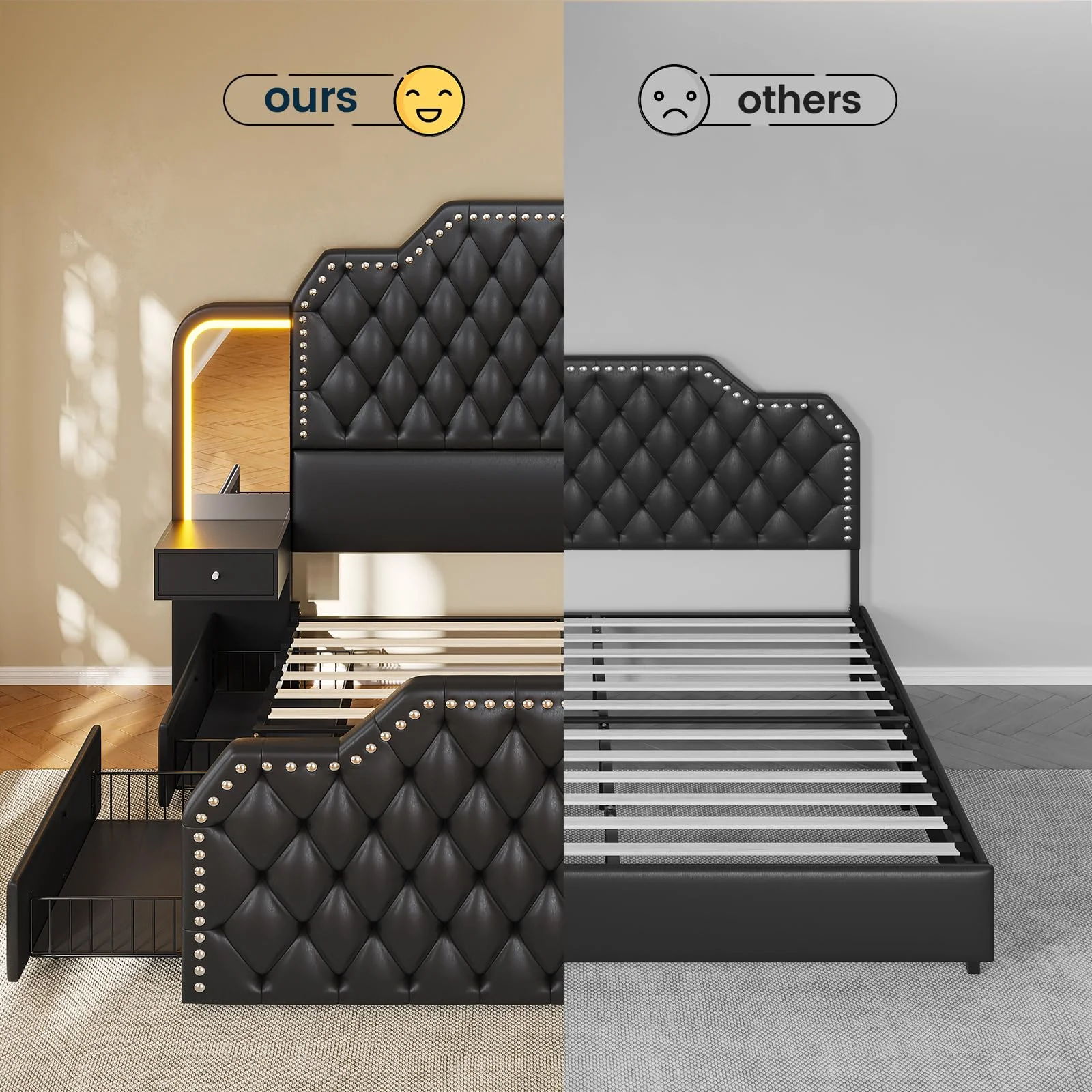Queen Bed Frame with 2 Nighstands, Power Outlets and 4 Drawers, Upholstered Bed with Vanity Tables and Mirrors, Modern Velvet Tufted Platform Bed with Headboard & Footboard, Black - Image 8