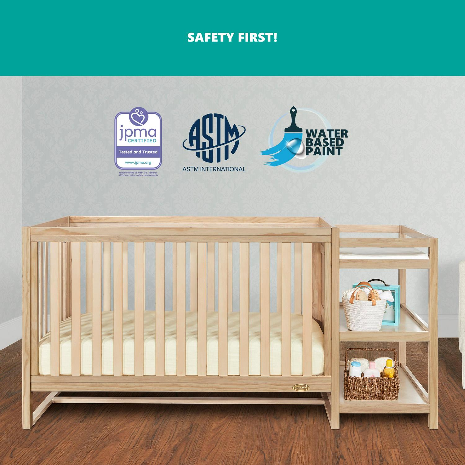 Dream On Me Milo 5 in 1 Convertible Crib and Changing Table with Free Changing Pad in Vintage White Oak