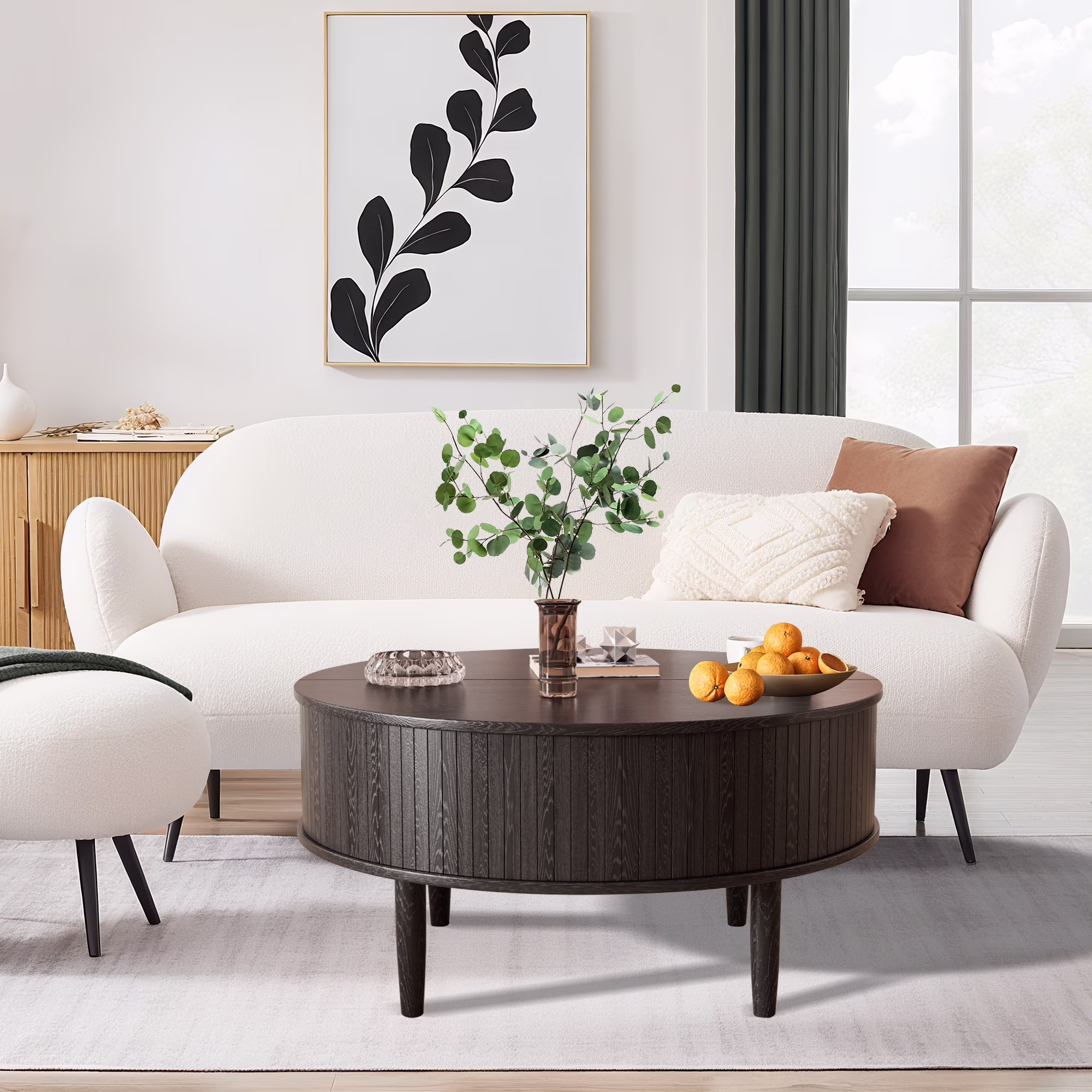 Oubayajia Round Coffee Table, Small Fluted Lift Top Center Table for Home Living Room Office, Walnut - Image 3