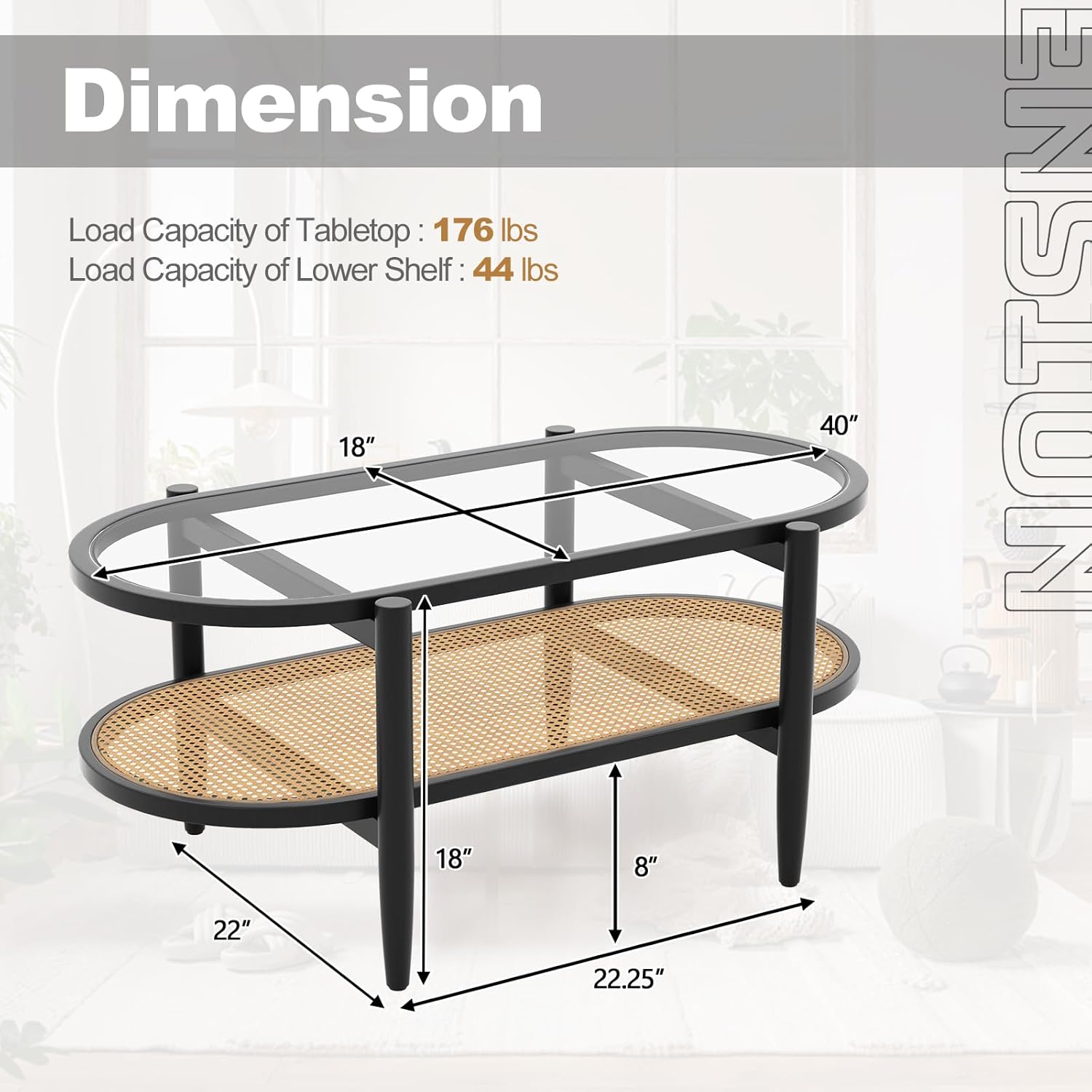Giantex Rattan Coffee Table, 2-Tier Oval Wood Tea Table with Tempered Glass Tabletop & PE Rattan Storage Shelf, 40