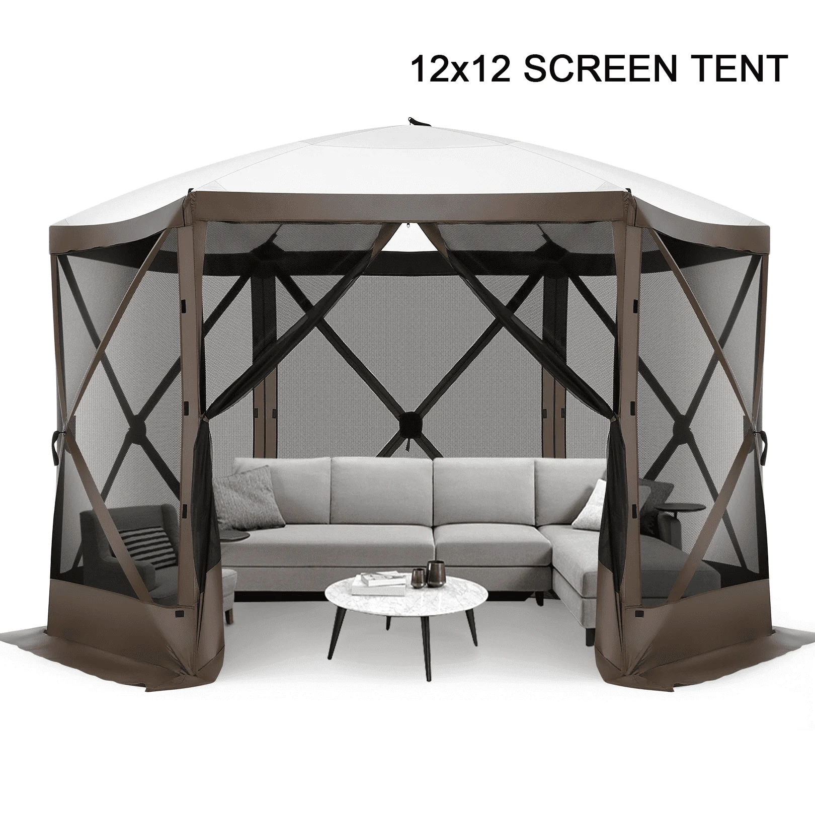 COBIZI 12'x12' Pop-up Gazebo Outdoor Camping Tent with 6 Sides Mosquito Netting, Waterproof, UV Resistant, Portable Screen House Room, Easy Set-up Party Tent with Carry bag, Ground Spike, Brown - Image 10