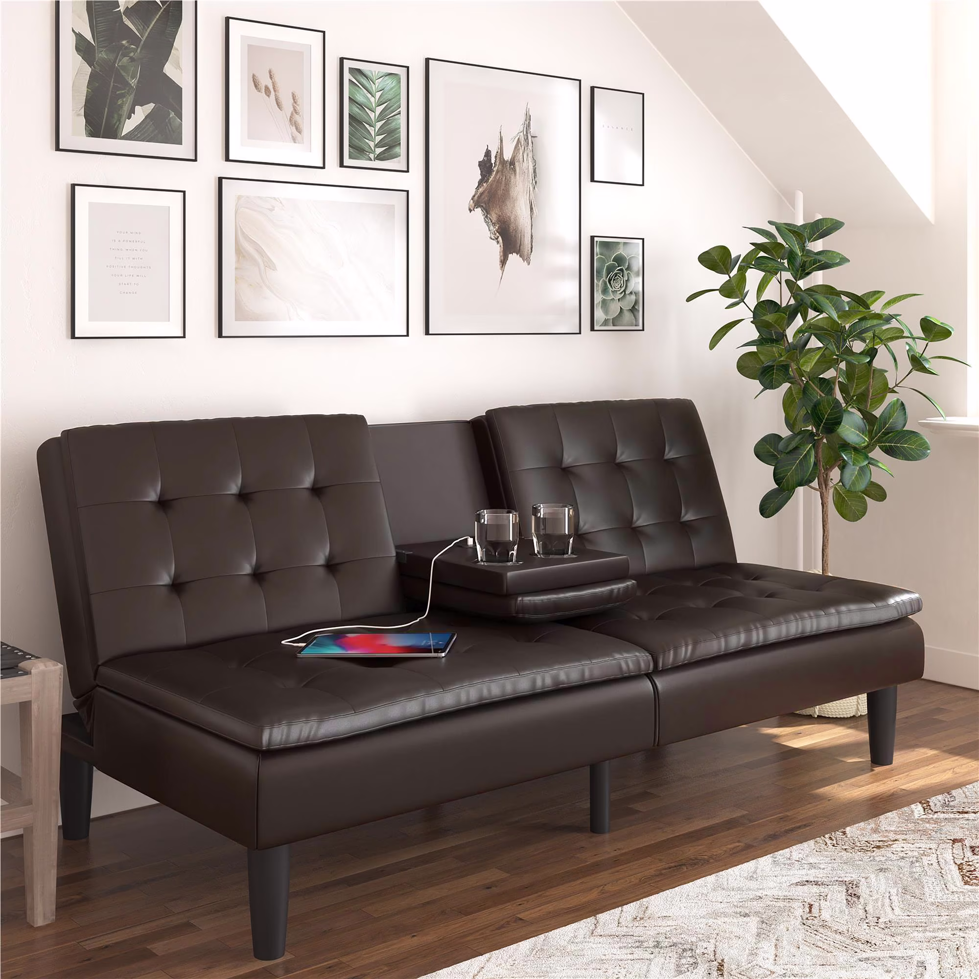 Mainstays Memory Foam 71.5" Futon with Cupholder and USB, Black Faux Leather - Image 5