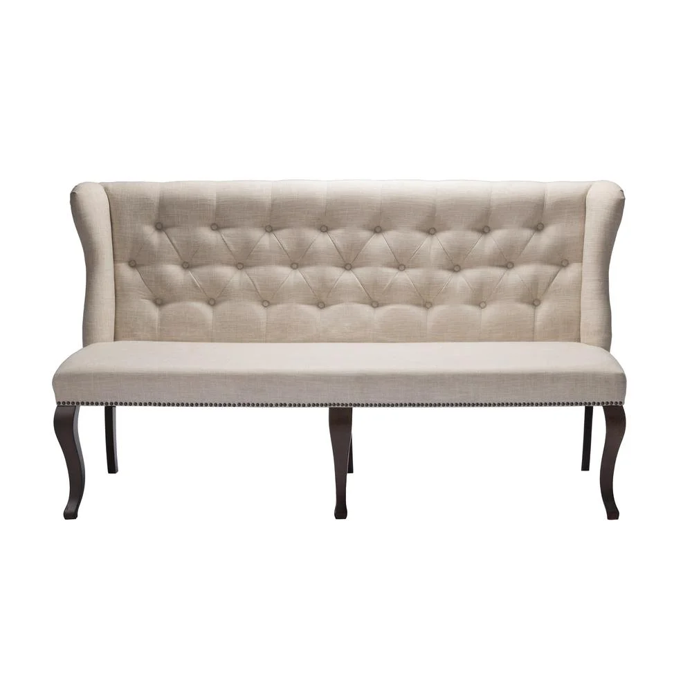 Cappuccino Wood Dining Bench Upholstered with Beige Linen Fabric