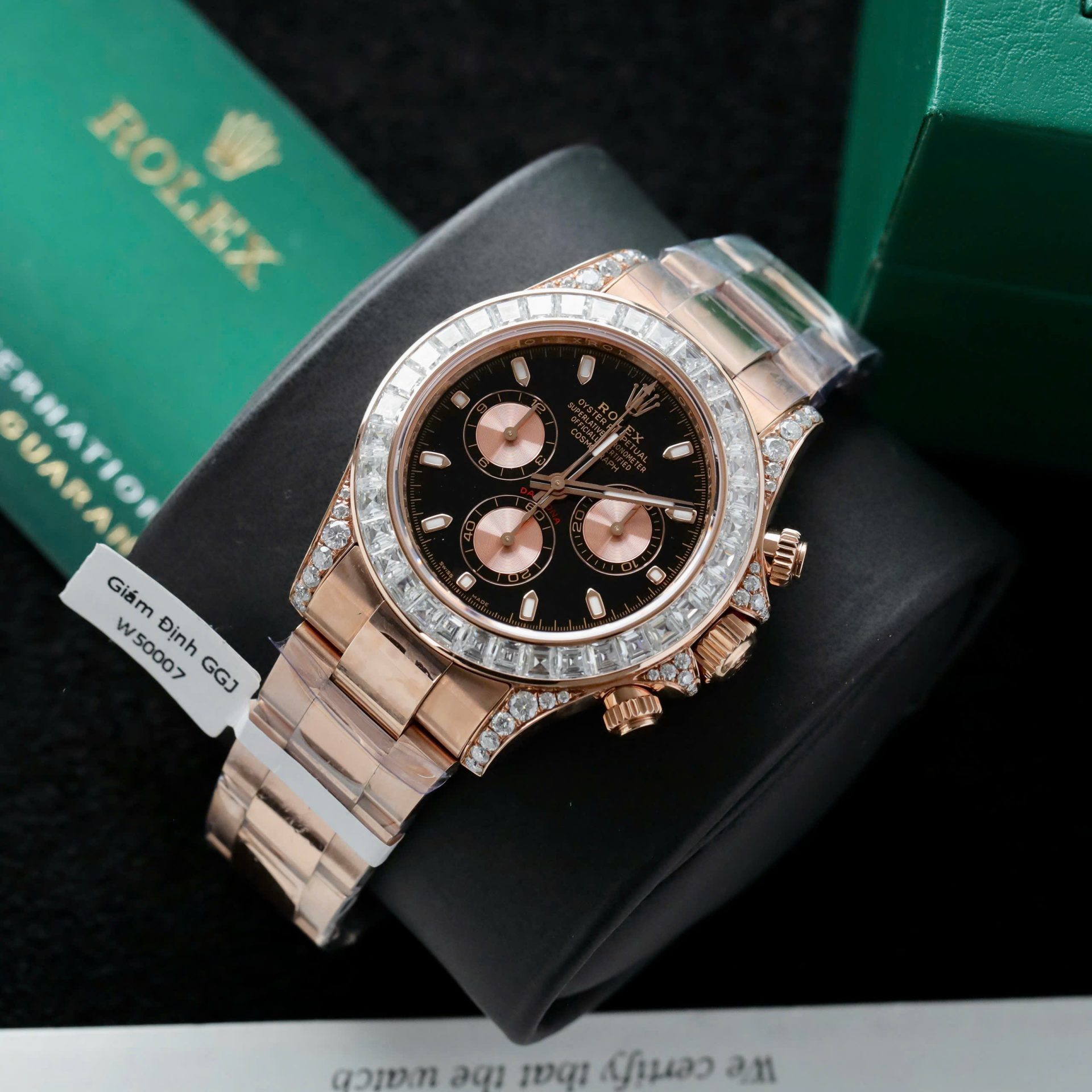 Rolex Daytona Dial Black Copies Watches Gold Wrapped + Diamonds Moissanite Baguette 40mm - Elite Watch Atelier
