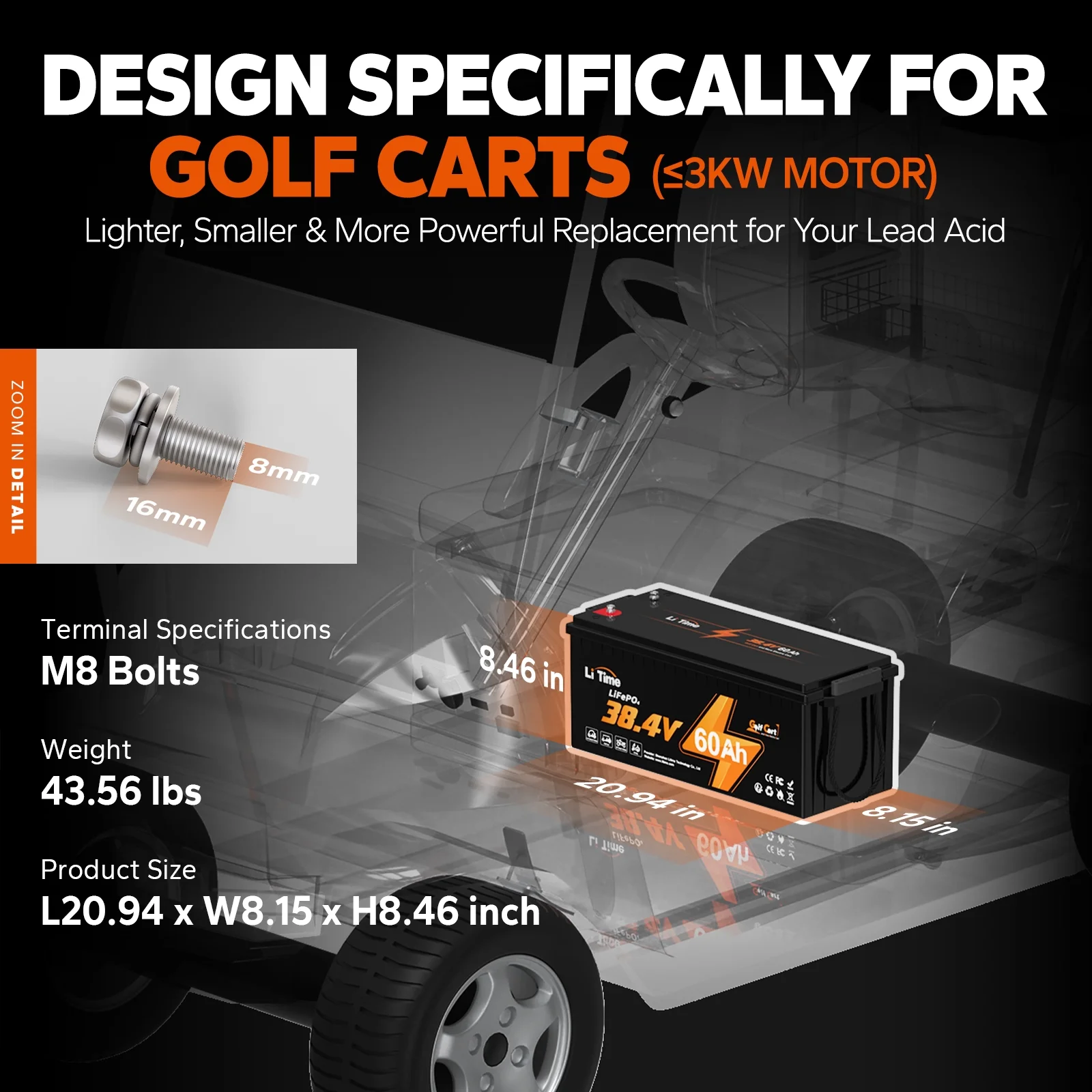 LiTime 36V 60Ah Golf Carts LiFePO4 Battery 120A BMS 2304Wh Energy Max. Power 4.6kW Support up to 3kW Motor - Image 4