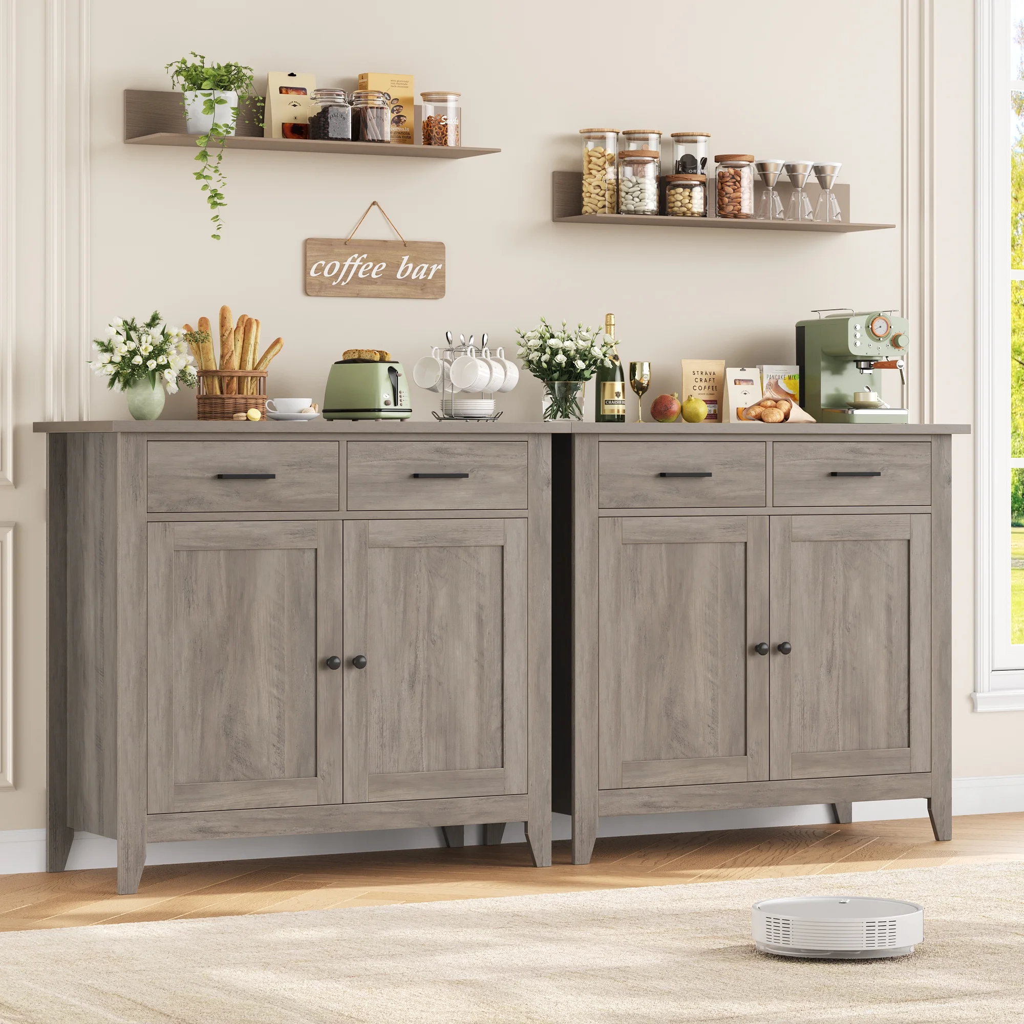 Homfa Entryway Cabinet, Kitchen Storage Cabinet, Farmhouse Buffet Sideboard with 2 Drawers and 2 Doors,Coffee Bar with Storage for Dining Room Living Room,White - Image 33