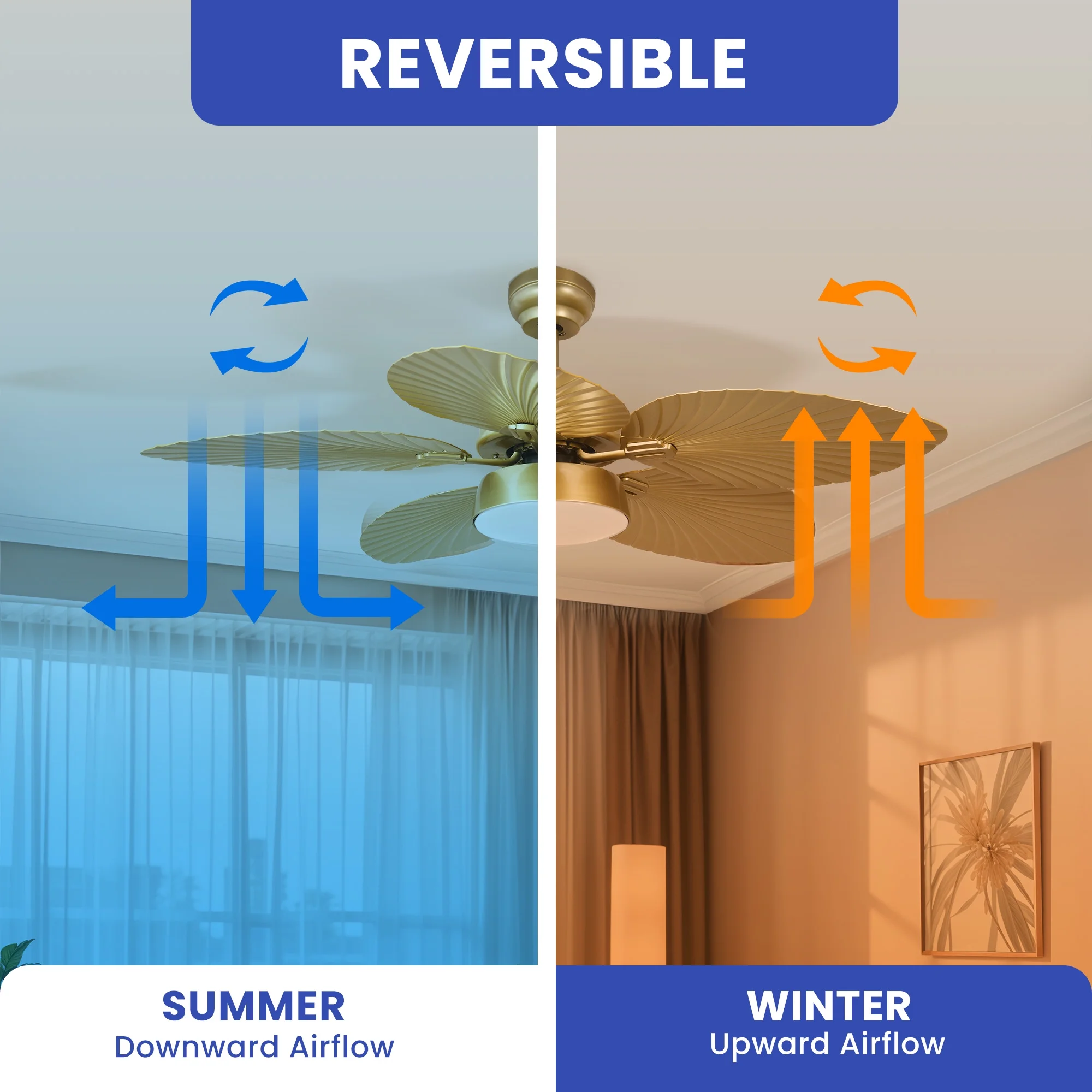 ModFusion 52" Gold Tropical Ceiling Fan with LED Light & Remote �C Palm Leaf Blades, Quiet Reversible DC Motor Indoor/Outdoor - Image 7