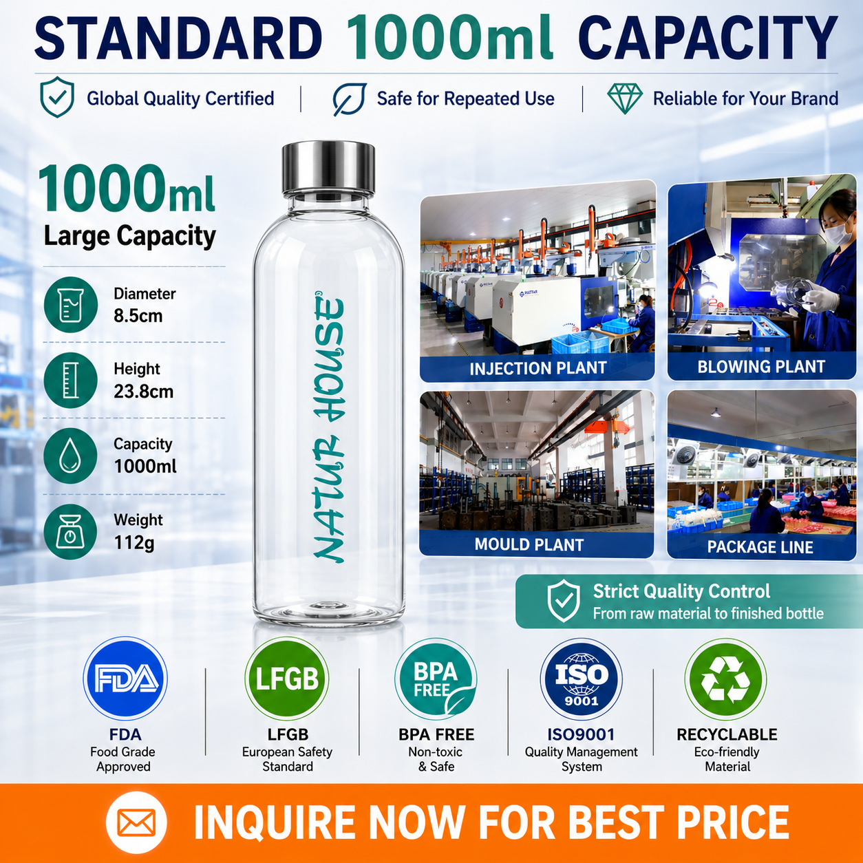 1000ml Plastic Sports Water Bottle with Stainless Steel Lid BPA Free Lightweight Portable Drink Bottle for Promotional Gift OEM
