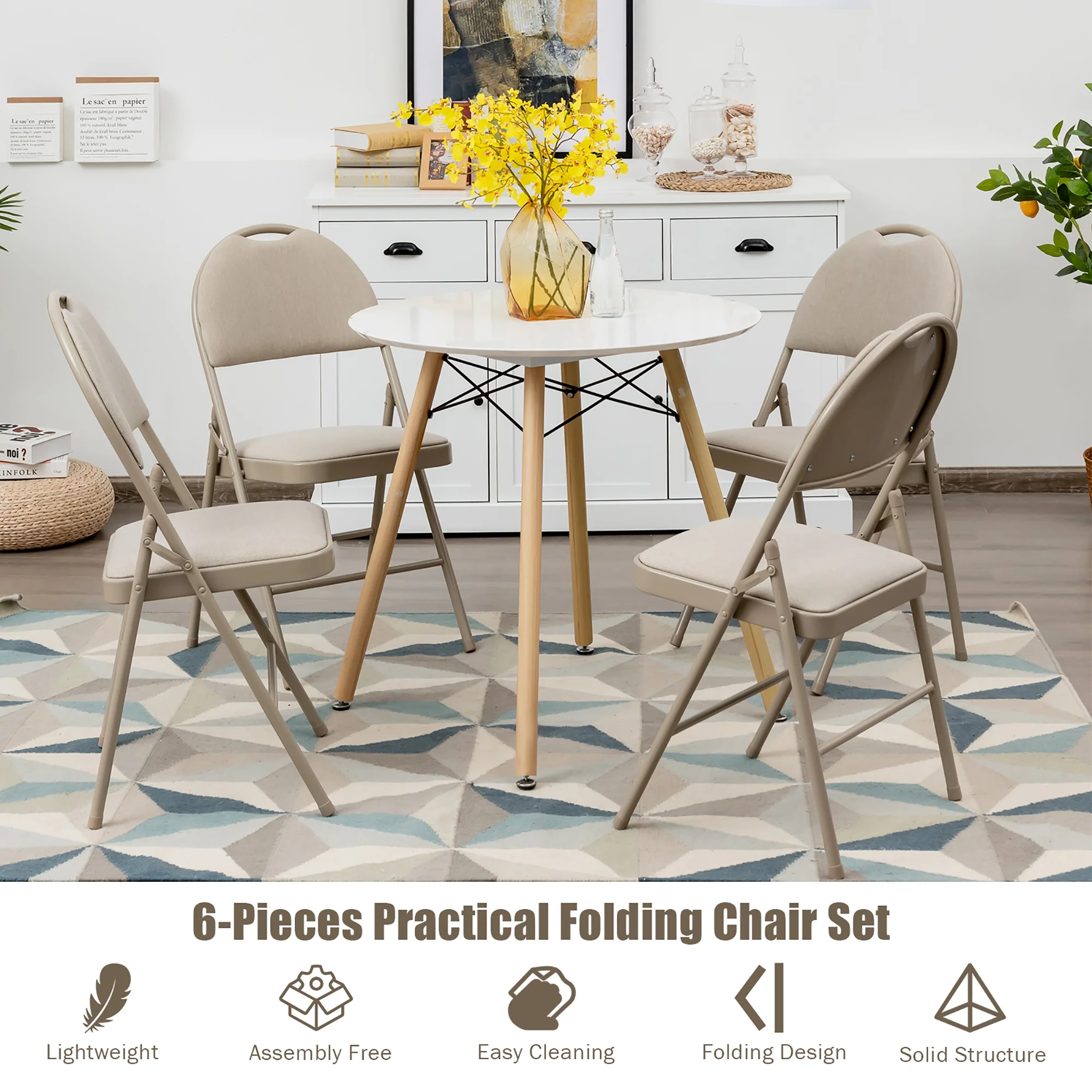 Costway Set of 6 Folding Chairs Fabric Upholstered Padded Seat Metal Frame Home Office Beige - Image 7