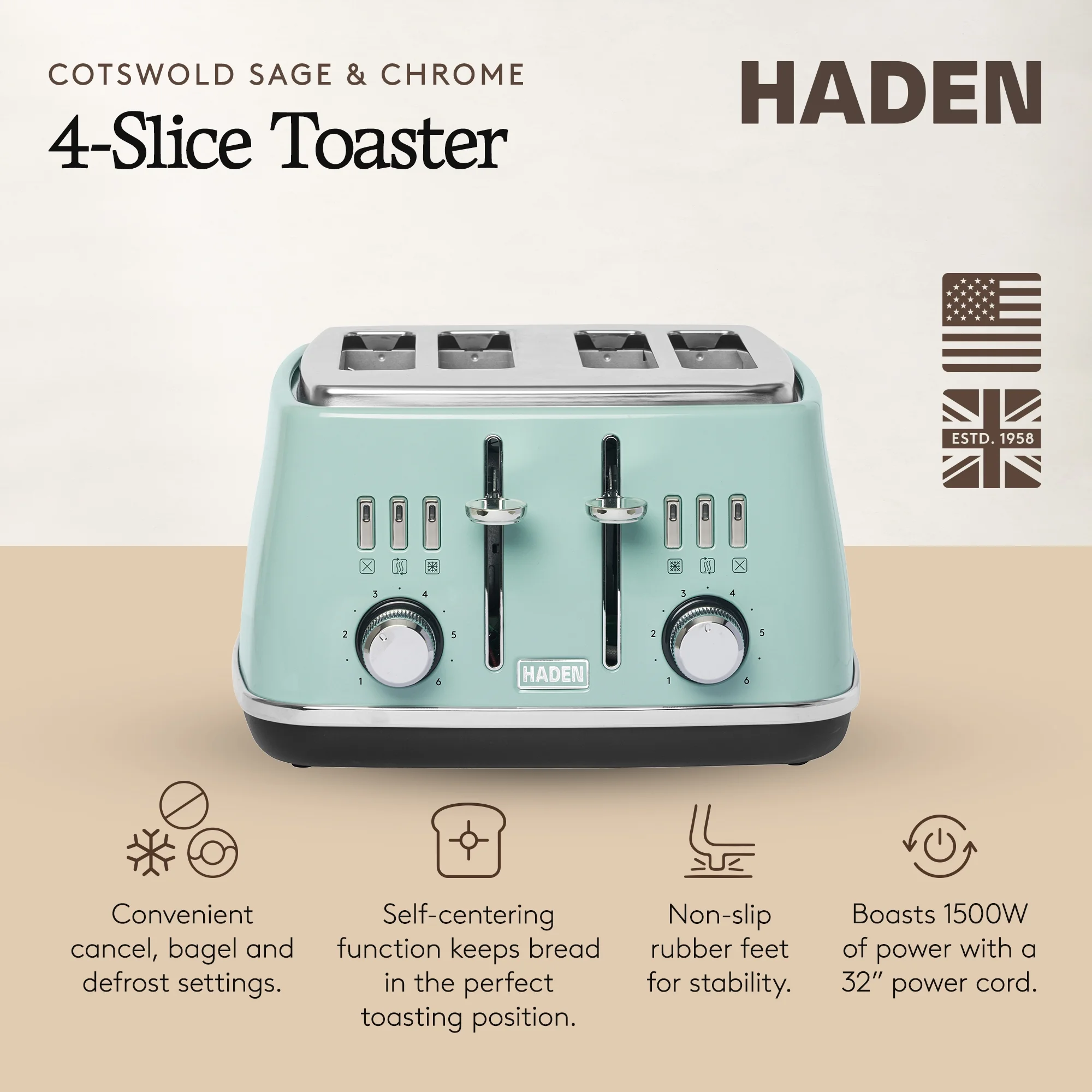 Haden Cotswold 4-Slice Wide Slot Toaster, Sage - 75100