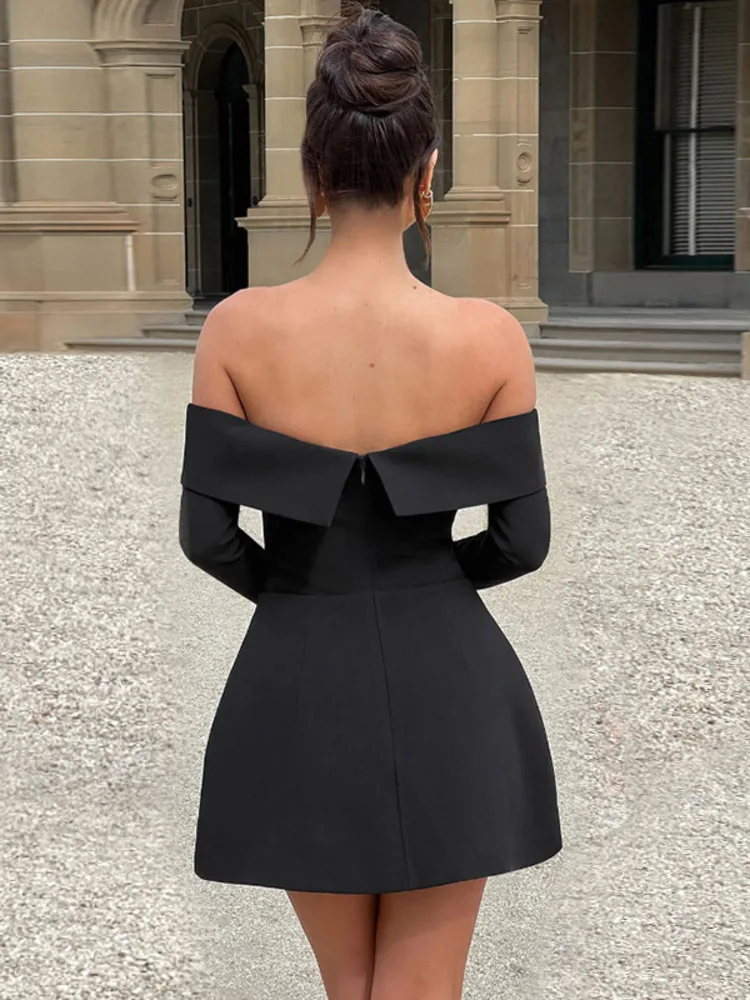 Off-shoulder Long Sleeve Sexy Mini Dress For Women Two Pocket Strapless Backless A-line Club Party Sexy Dress Elegant - AZJHJ