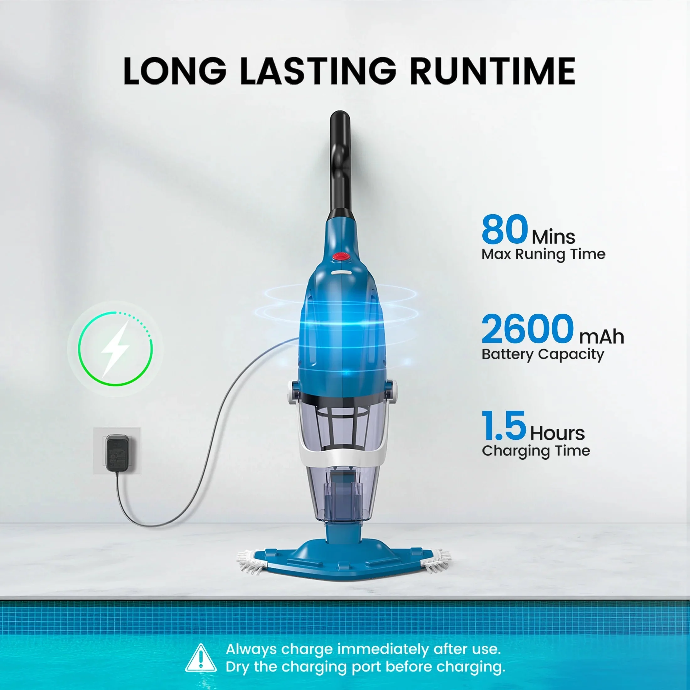 Cordless Handheld Pool Vacuum Cleaner With 80-Minute Runtime And 3.2-6.4 ft Telescopic Pole - Image 5 Cordless Handheld Pool Vacuum Cleaner With 80-Minute Runtime And 3.2-6.4 ft Telescopic Pole - Image 5