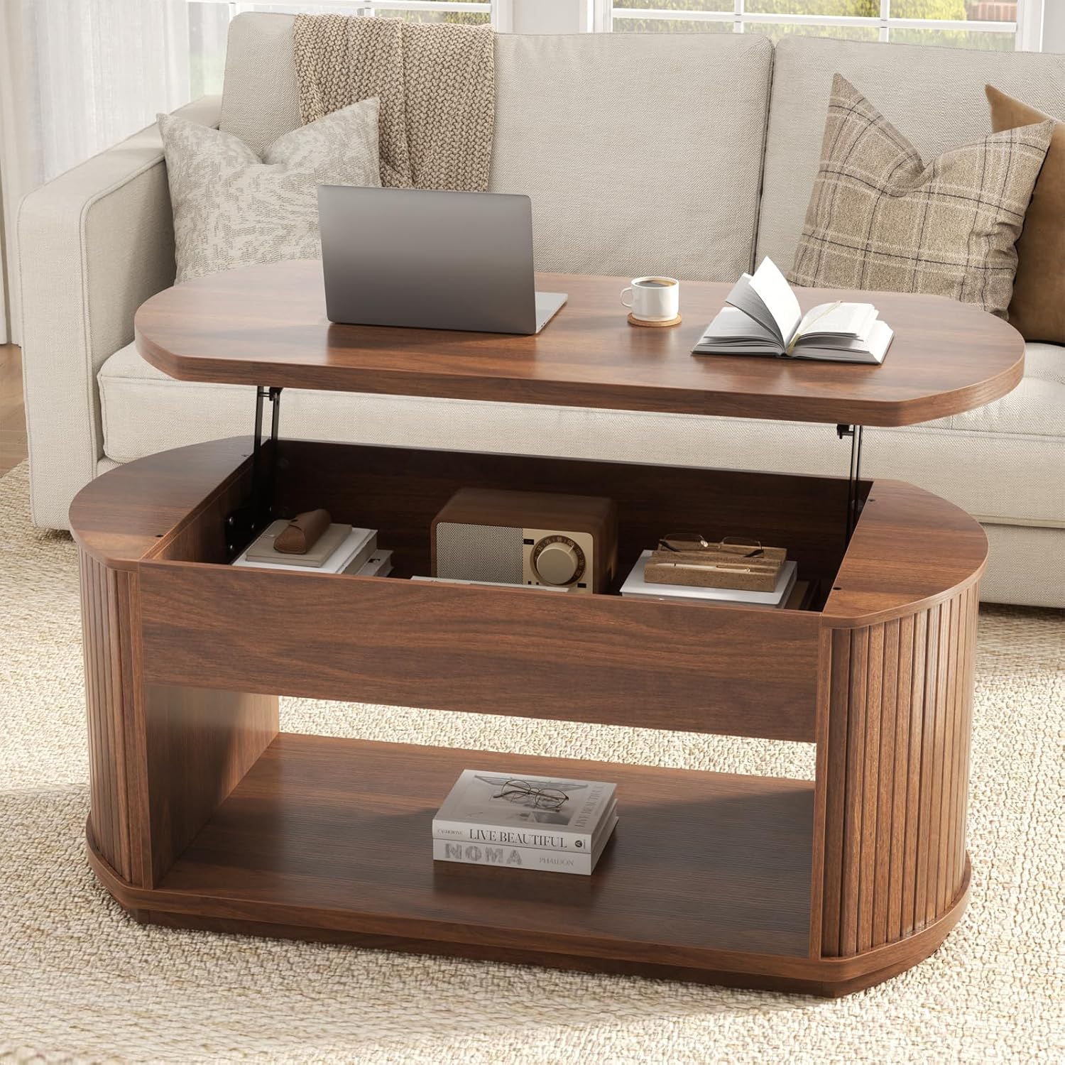 FABATO Oval Lift Top Coffee Table with Storage, Mid Century Modern Coffee Table for Living Room, 2 Tier Center Table with Lift-Top, 41.7