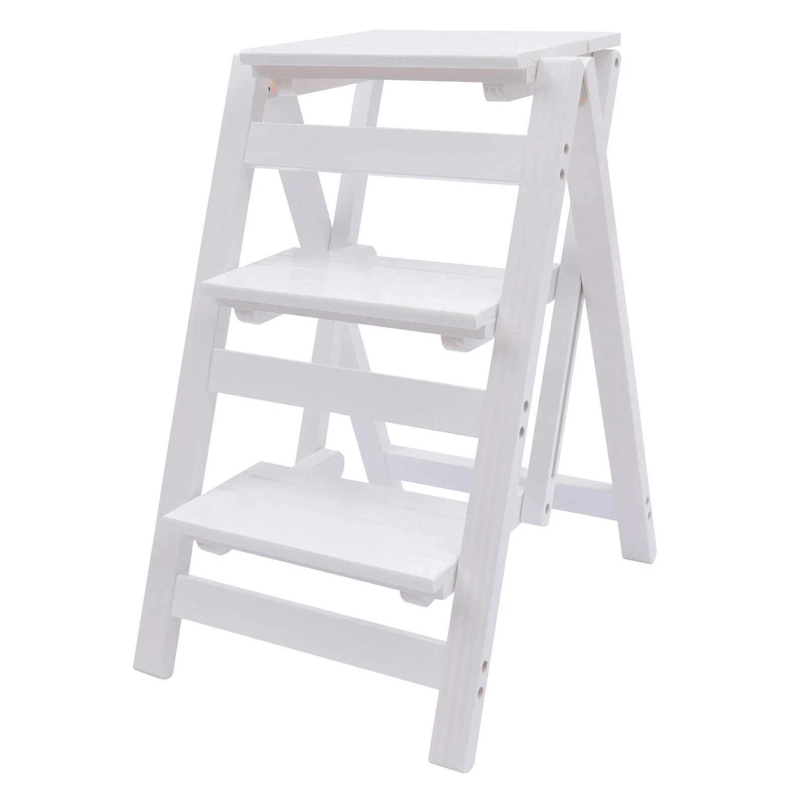 White 3-Tier Step Stool Solid Wood Folding Ladder Anti-Slip Step Stool - Image 10