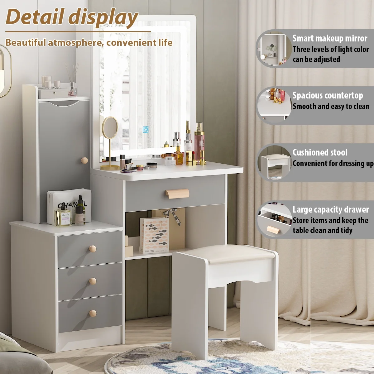 MONSLIPA Makeup Vanity Desk Set w/ Light, Sturdy Dressing Vanity Table with Bench, Shelves & Drawers
