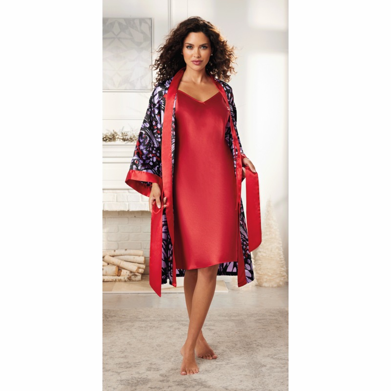 Joseline Women's Satin Sleep Set with Belted Robe and Cami-Style Gown - MIDNIGHT VELVET CATALOG
