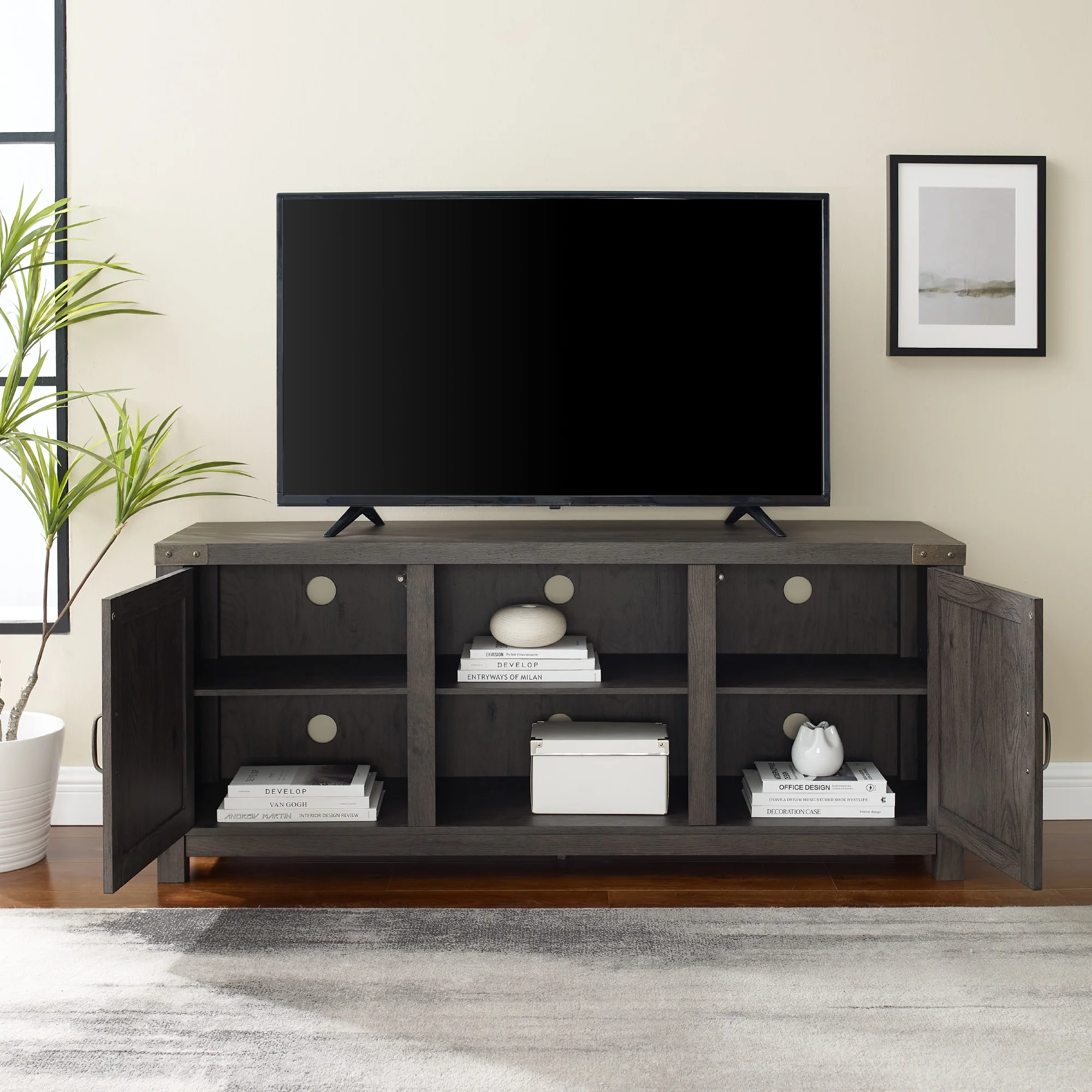 Walker Edison Modern Farmhouse Barn Door TV Stand for TVs up to 65", Grey Wash - Image 68