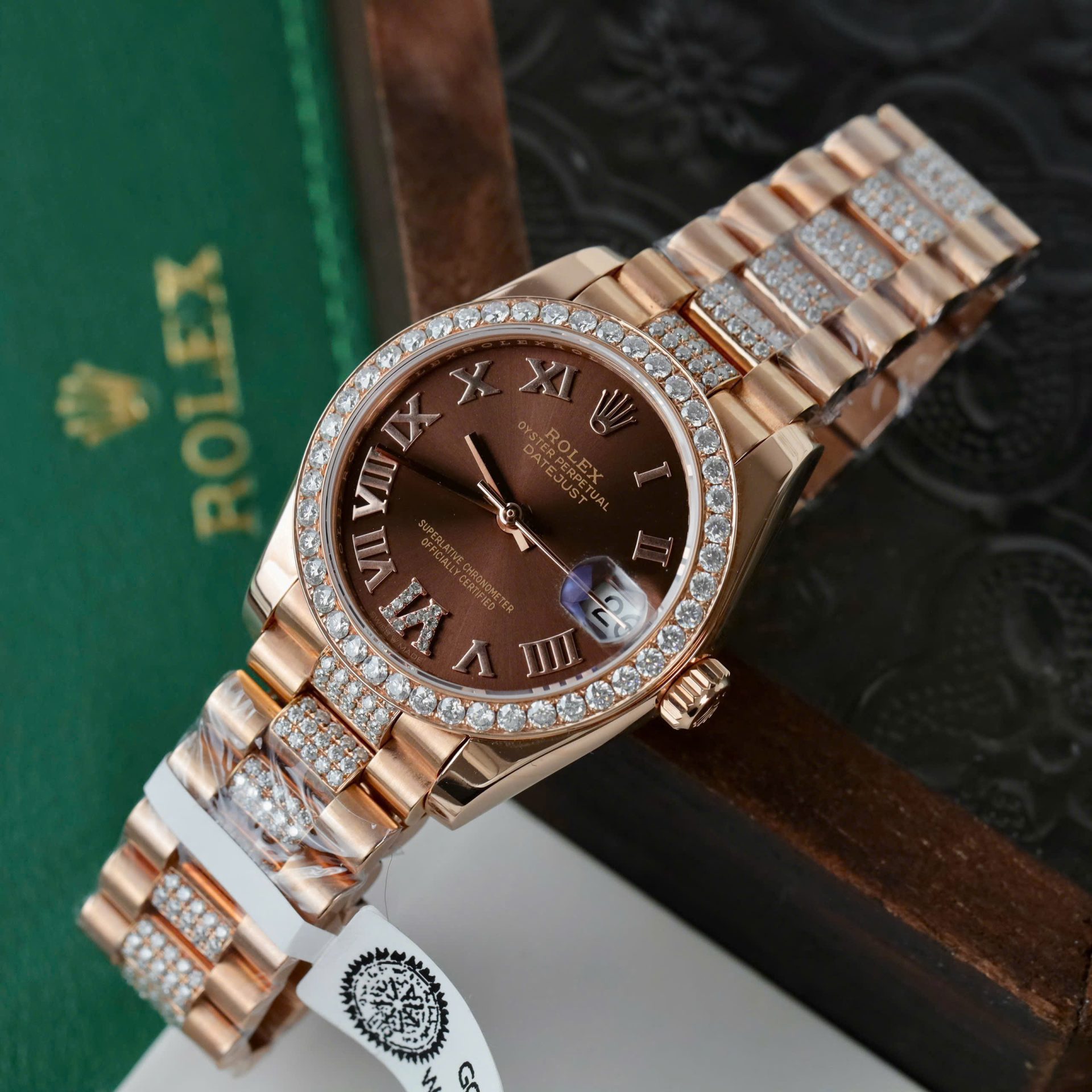 Rolex DateJust Women Dial Chocolate Copies Watches Custom Moissanite Diamonds + 18K Gold Wrapped 31mm - Elite Watch Atelier