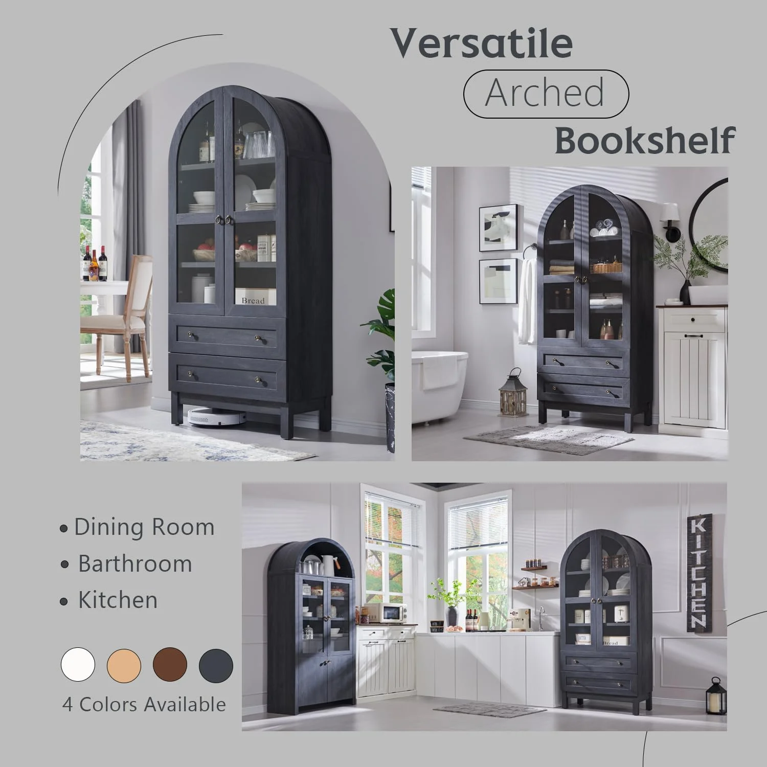 IFGET 71-Inch Arched 4-Tier Bookcase with Glass Doors and Drawers - Image 52