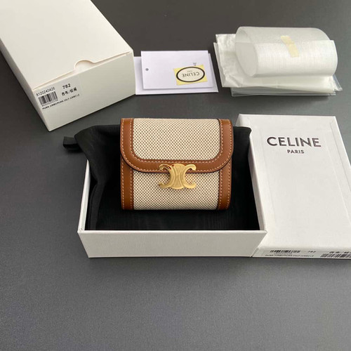 CELINE TRIOMPHE fabric apricot and cow leather short wallet