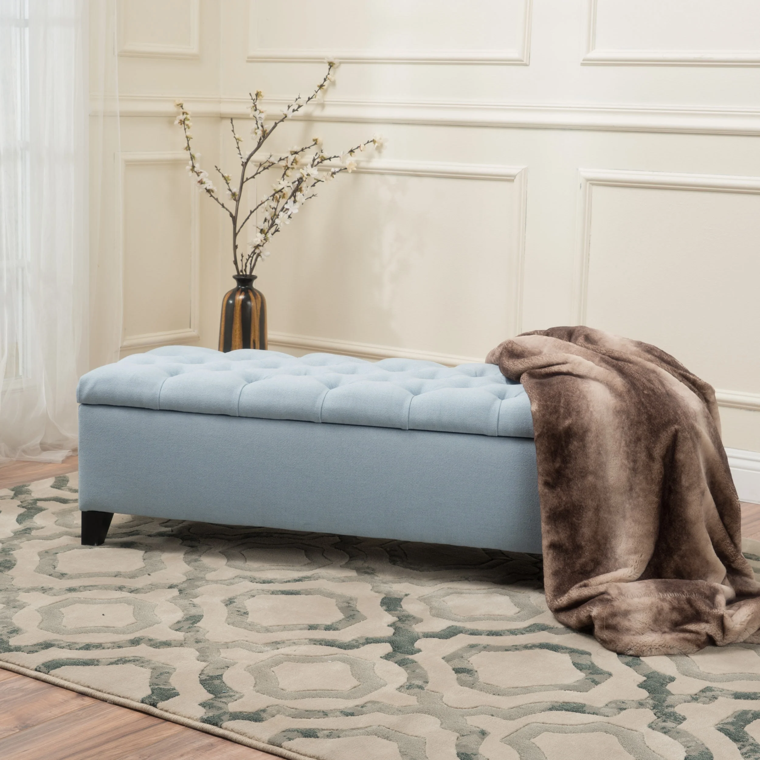 Noble House Hampton Contemporary Fabric Upholstered Storage Ottoman, White and Blue Floral - Image 53
