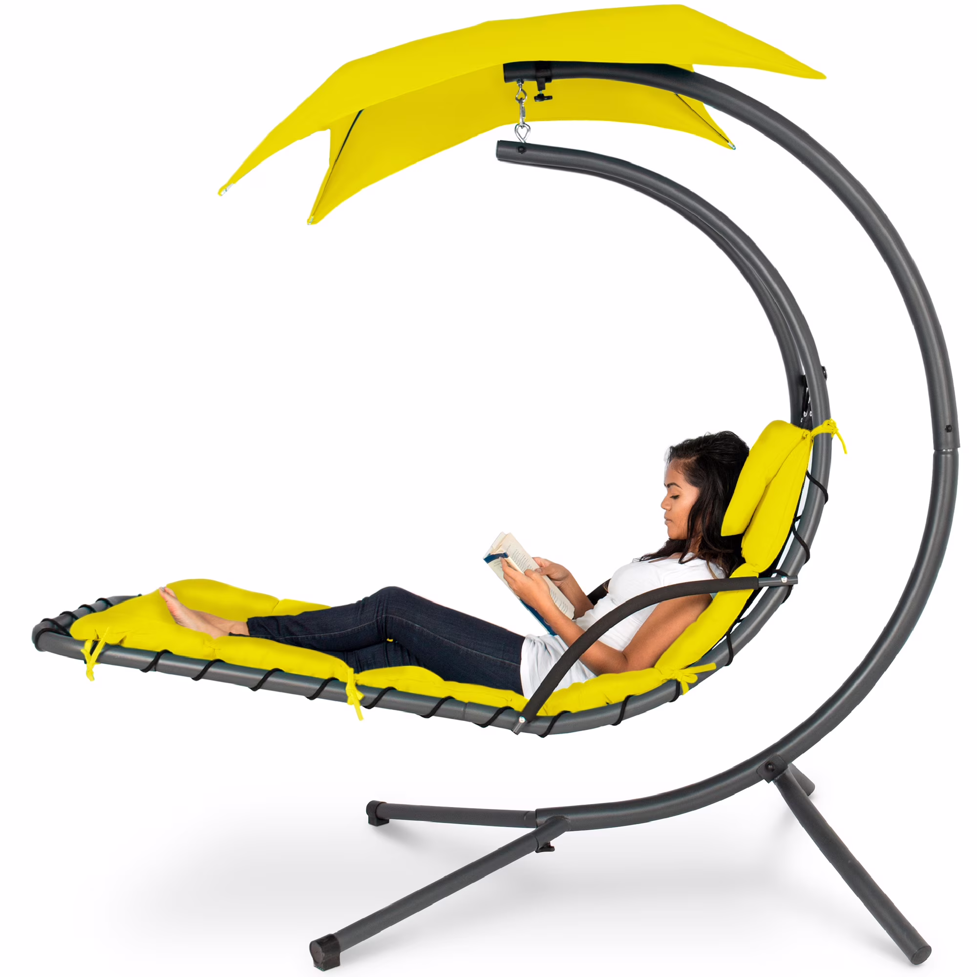 Best Choice Products Hanging Curved Chaise Lounge Chair Swing for Backyard, Patio w/ Pillow, Shade, Stand - Teal - Image 24