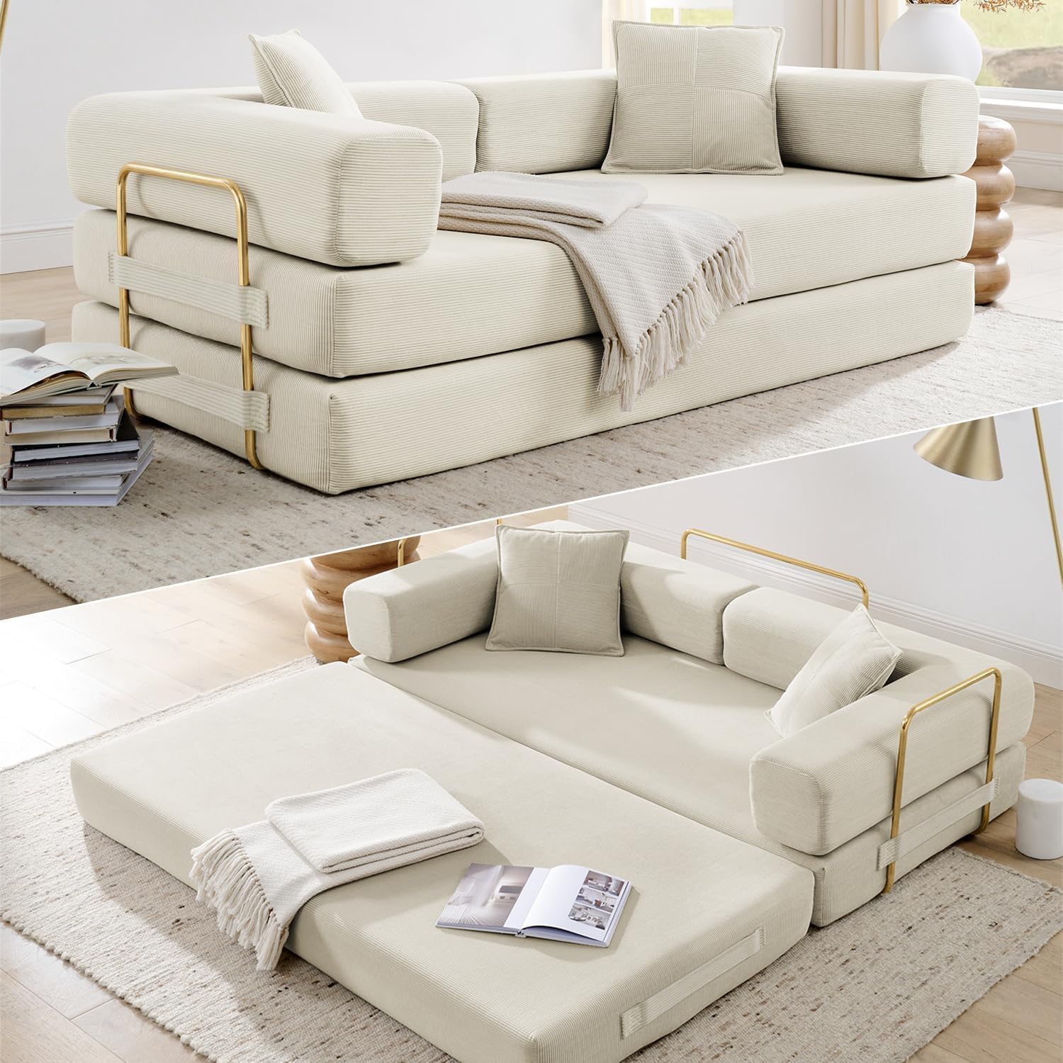 Convertible Folding Sofa Bed, Modern Futon Sleeper Sofa Fold Out Couch Bed with Gold Fixed Frame, Modular Floor Sofas Comfy Corduroy Boneless Couches for Living Room (78