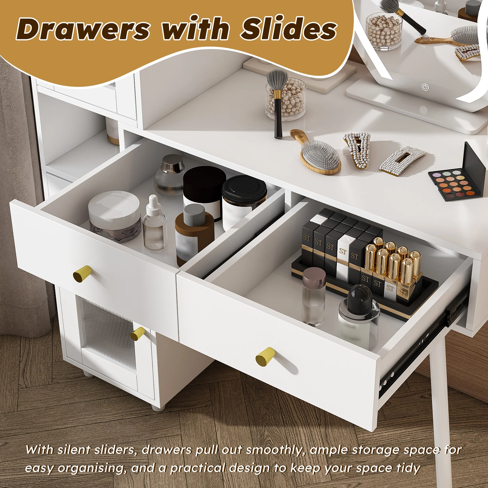 Montary Modern Mini Vanity w/Adjustable LED Mirror + Hidden Storage, Padded Stool & Dustproof Shelves (White) - Image 21