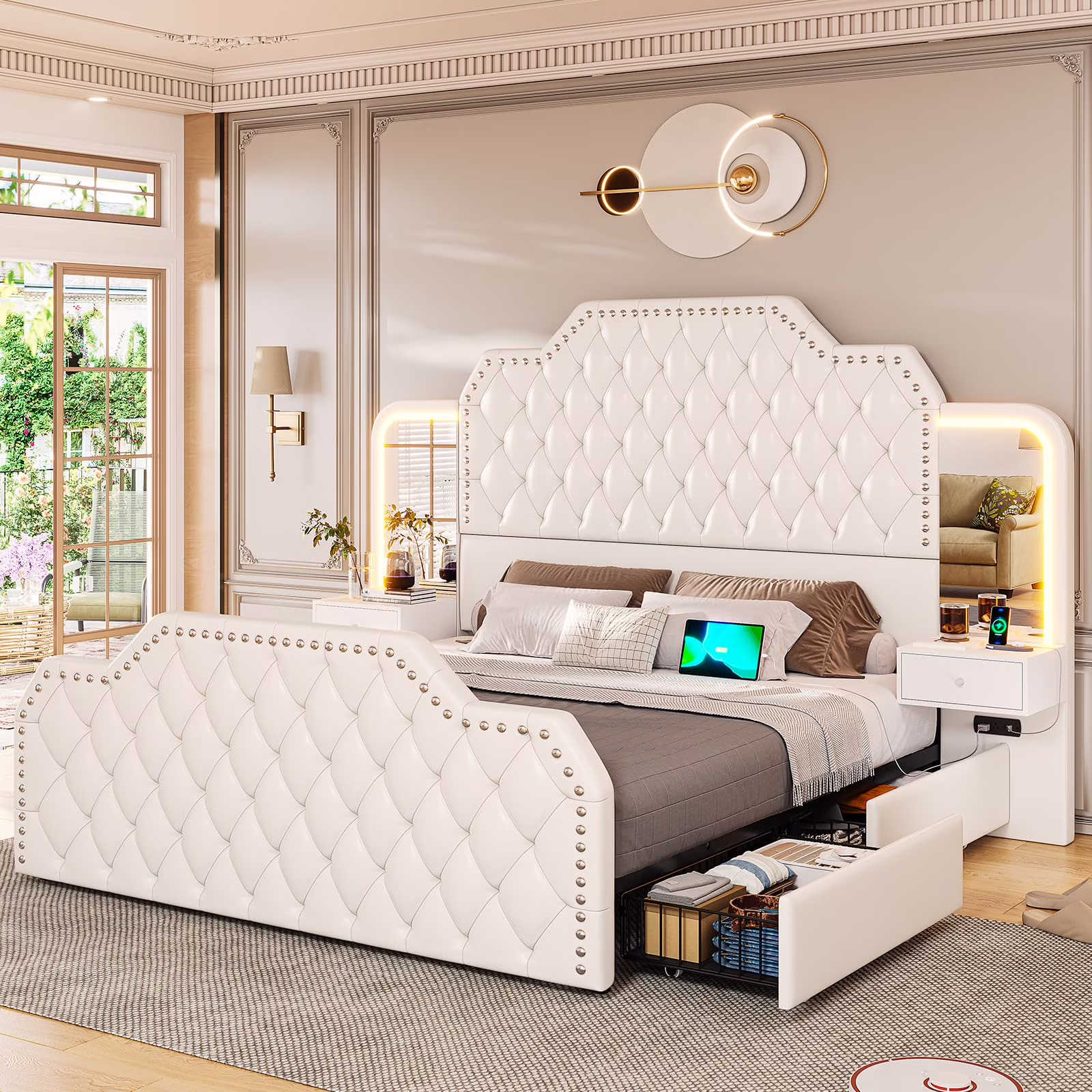 Queen Bed Frame with 2 Nighstands, Power Outlets and 4 Drawers, Upholstered Bed with Vanity Tables and Mirrors, Modern Velvet Tufted Platform Bed with Headboard & Footboard, Black - Image 3