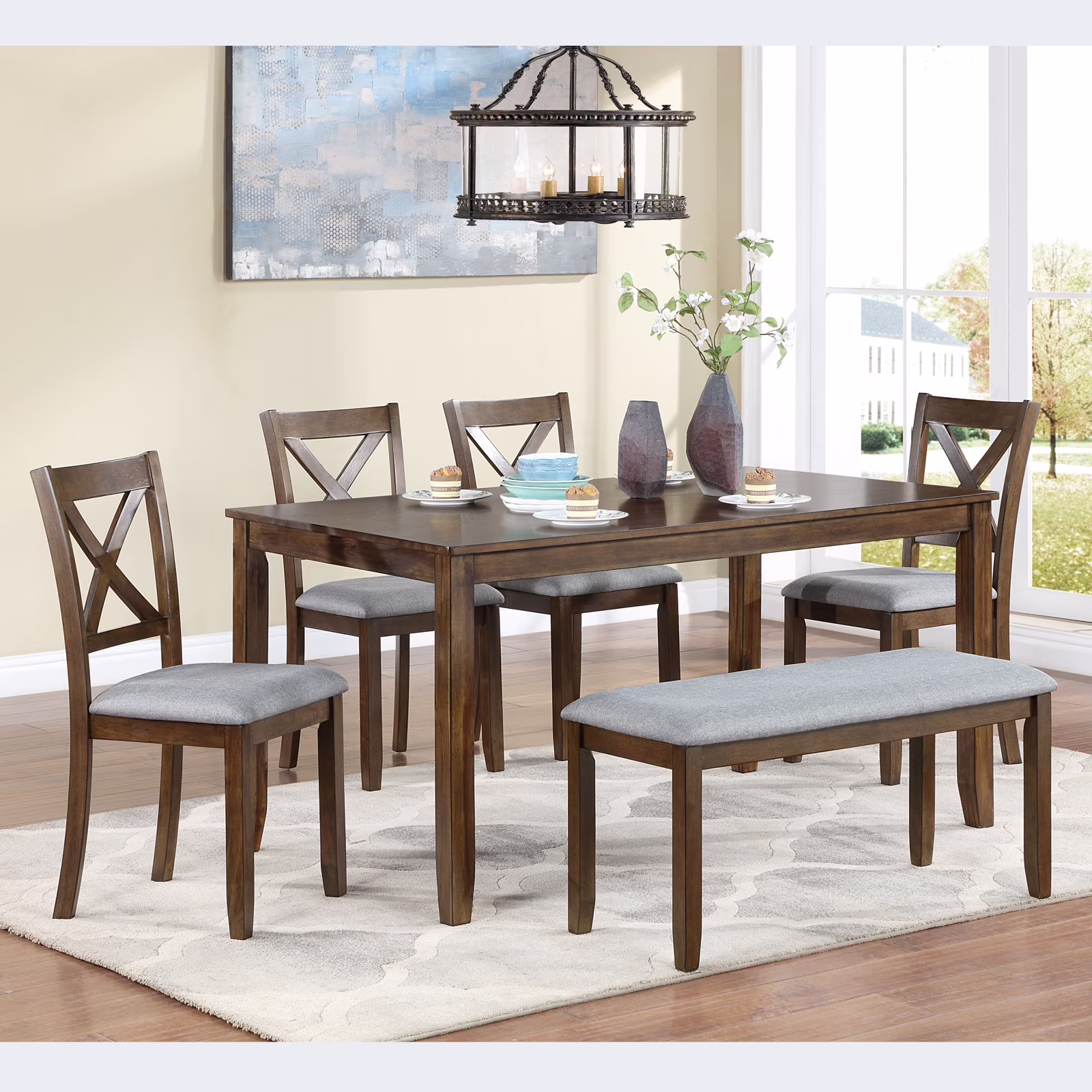 Dining Room Set, LEGAHOME 6 Piece Dining Sets with Bench and Chairs, Solid Wood Kitchen Dining Table Set for 6 with Upholstered Chairs, Gray - Image 3