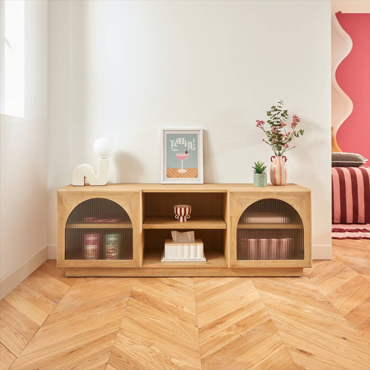 TV Stand 2 Doors 3 Shelves "Lousada" Beige, 160x40 cm