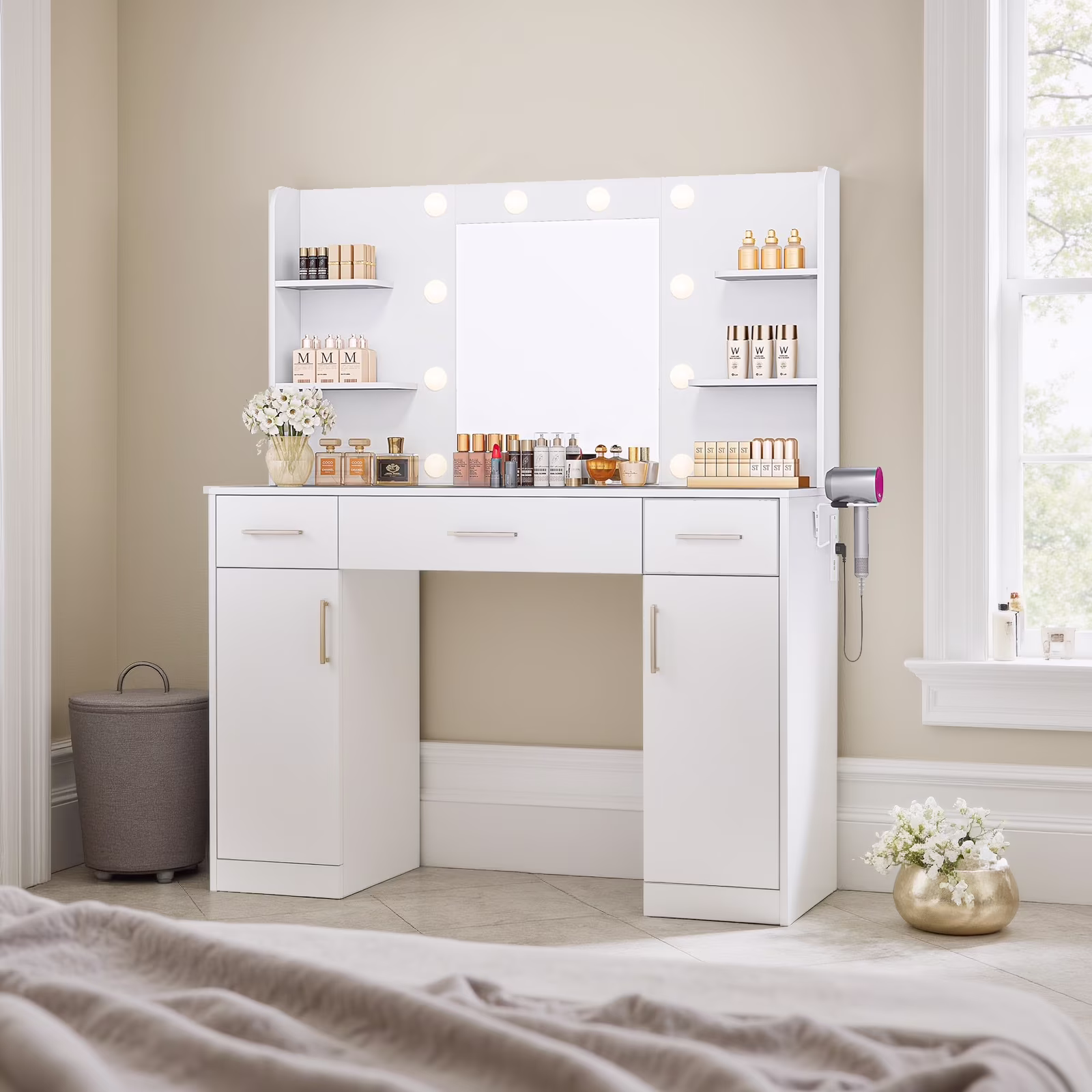 Blorly White Vanity Desk with Mirror, Makeup Vanity Table with LED Lights and Power Outlet, 3 Drawer, 4 Shelves, 1 Cabinet - Image 7