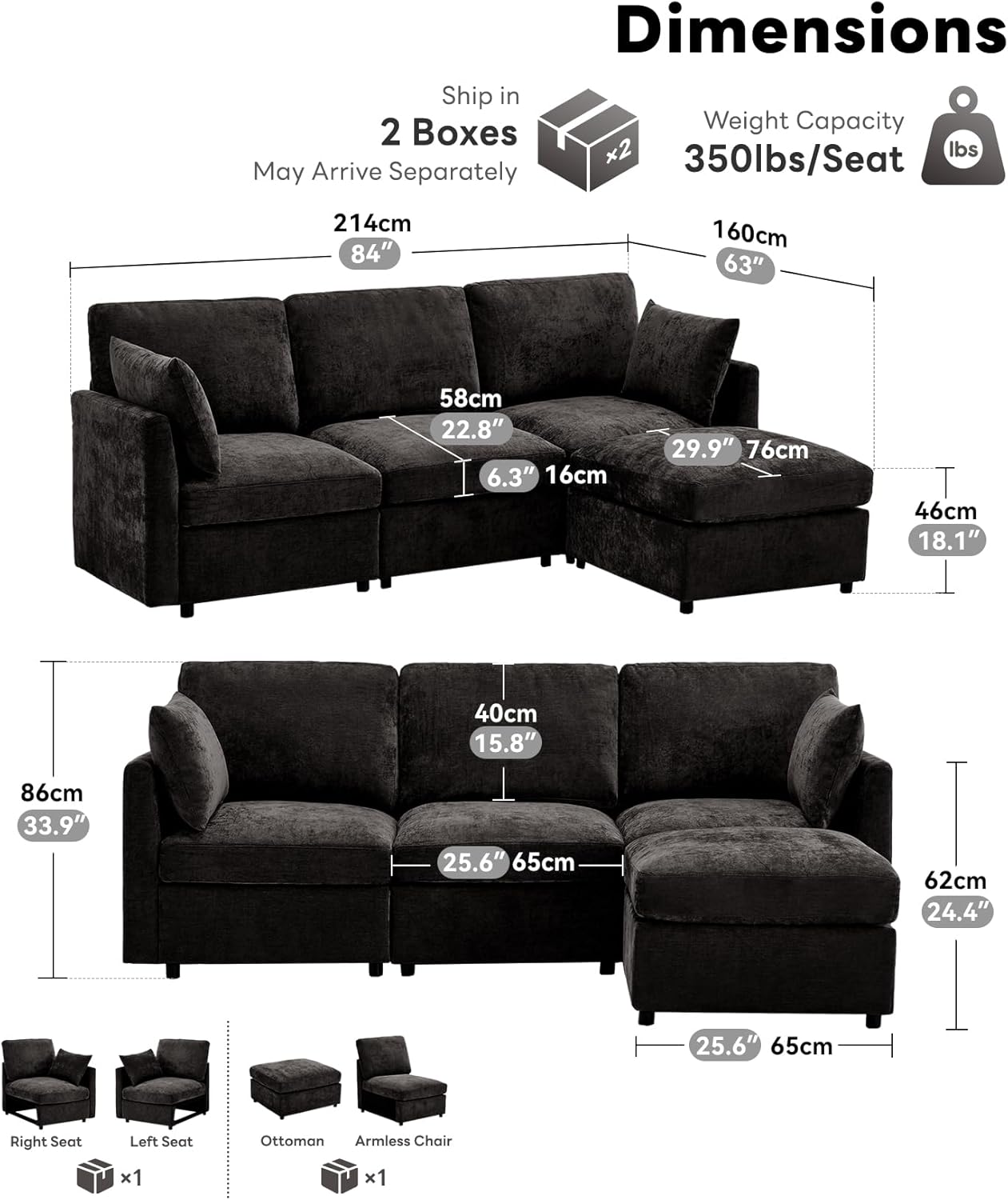 Iroomy Sectional Couch for Living Room, Comfy L Shaped Convertible Sofa, 4 Seater Modern Chenille Sofa with Ottoman,Black | Movable, Balanced Comfort, Soft-Strong Chenille