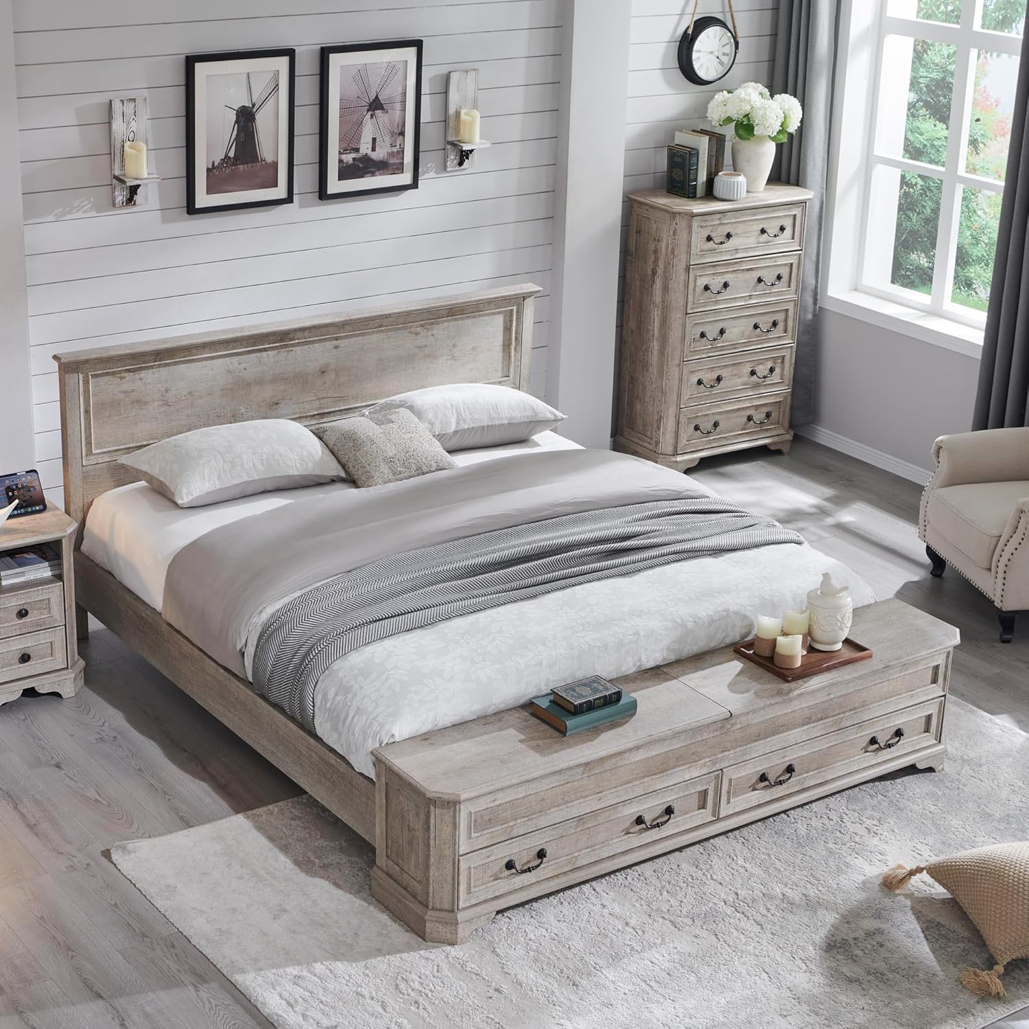 T4TREAM Farmhouse King Bed with Headboard and Storage Bench, Rustic Wood Platform Bed with 80