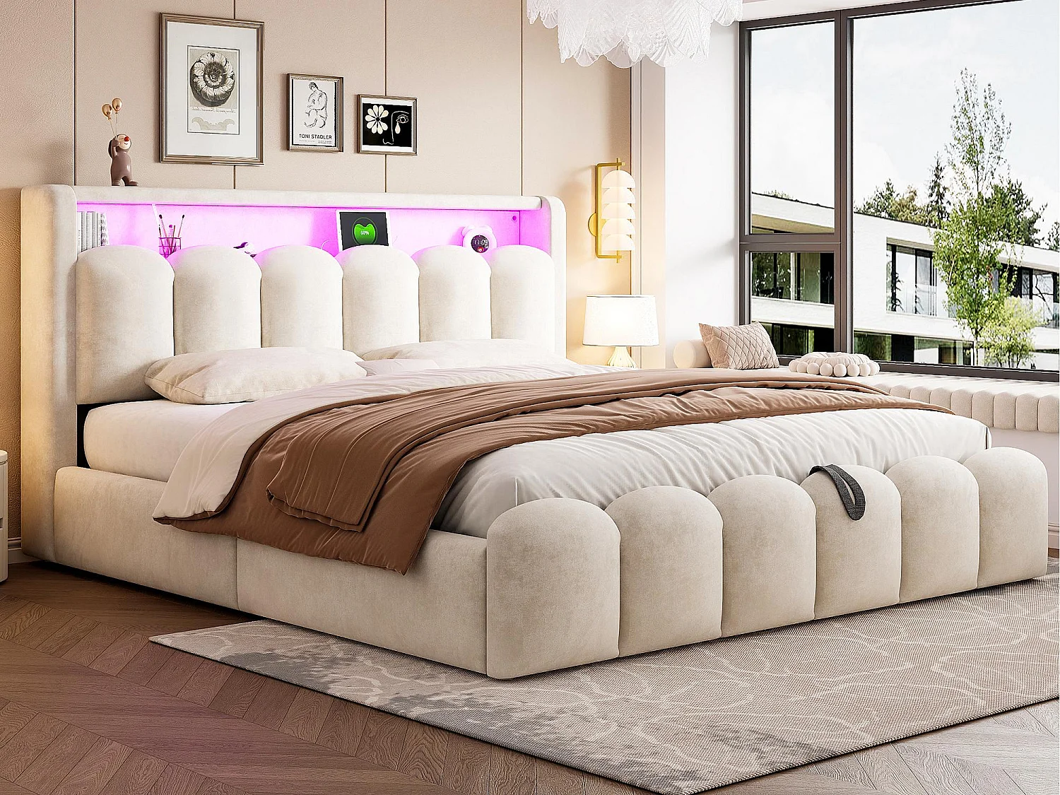 Lit coffre rembourré 180x200 - Double - avec USB + Type-C - avec lumière LED - Velours - Beige (matelas non inclus)