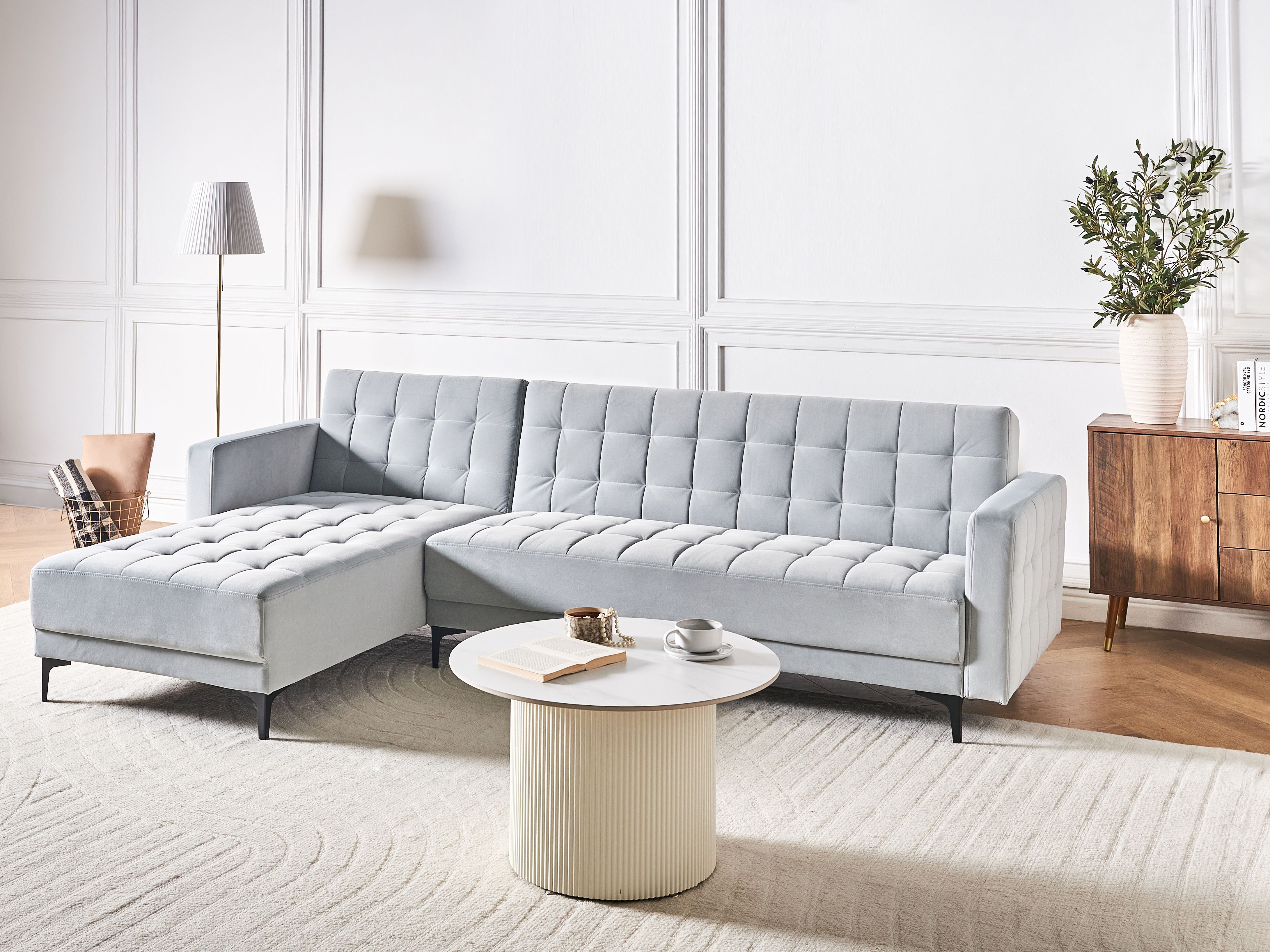 Modular Corner Sofa Bed 4 Seater ABERDEEN Velvet Light Grey Right Hand