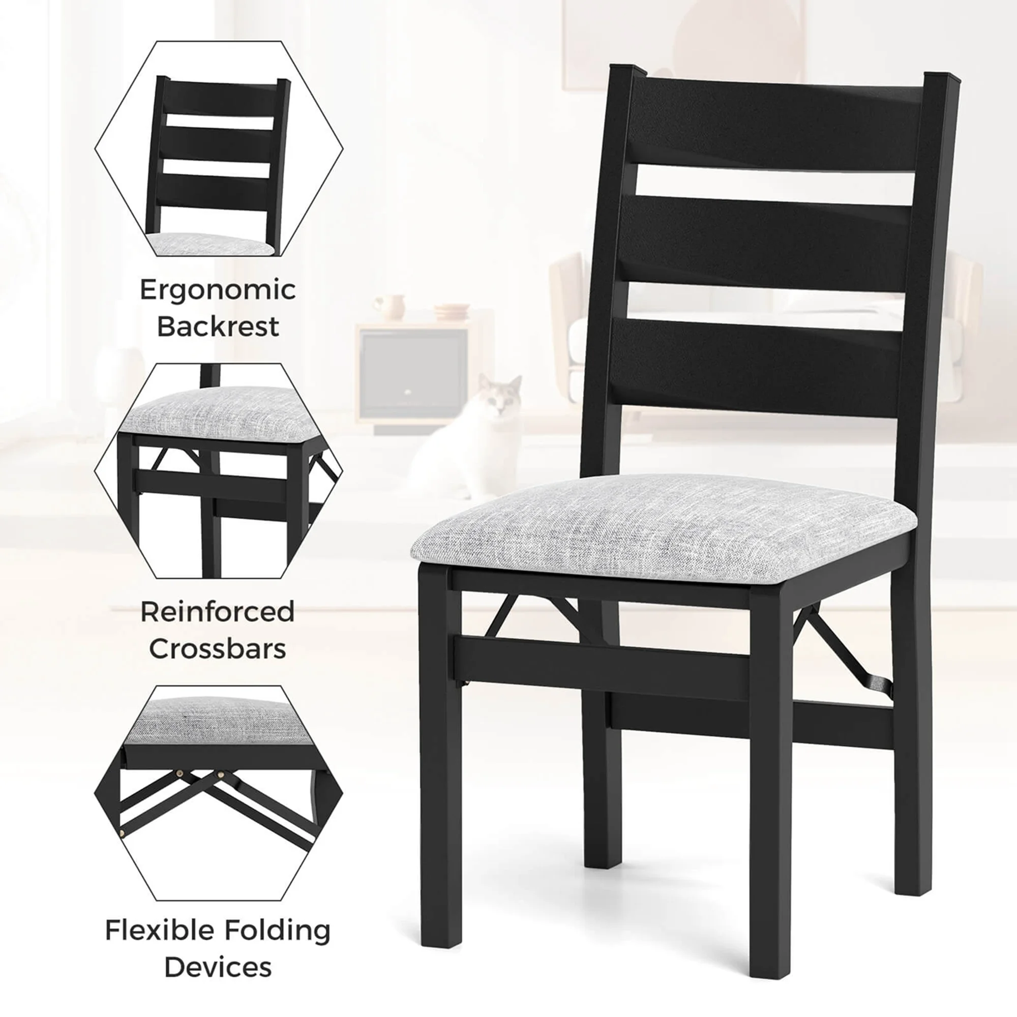 Costway Folding Chairs Set of 2 Modern Upholstered Chairs with Comfy Backrest & Padded Seat - Image 9