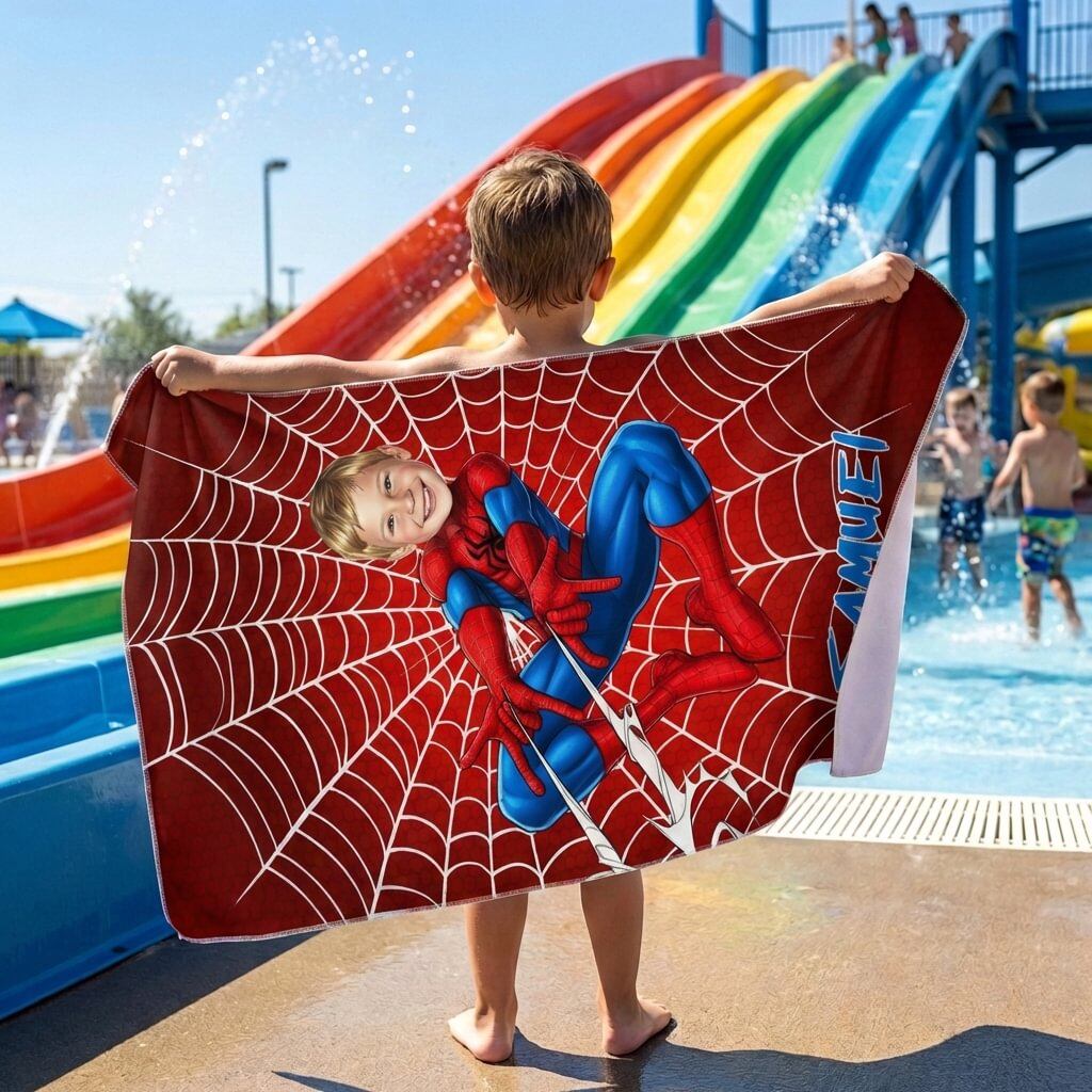 Little boy holding up a custom face printed superhero beach towel by a swimming pool