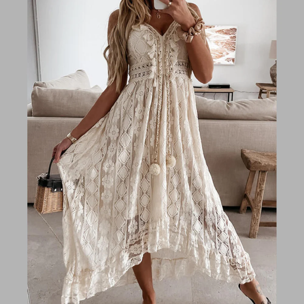 Full Size Ruffled Lace V-Neck Maxi Dress Plus Size - ZKZOOK