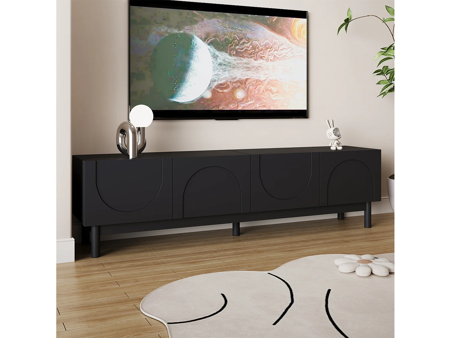 Meuble TV noir avec 4 portes incurvées à motifs, pieds en bois - pour salon