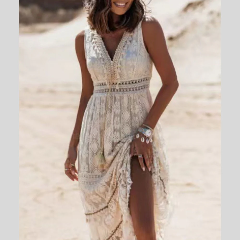 Lace V-Neck Sleeveless Maxi Dress - ZKZOOK