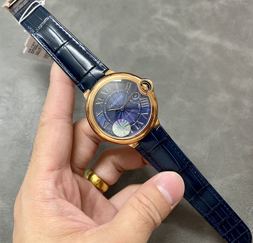 Ballon Bleu De Fake Cartier Watch Rose Gold 42mm Blue Dial Leather Strap WGBB0036 AF(1:1 replica) - Top club