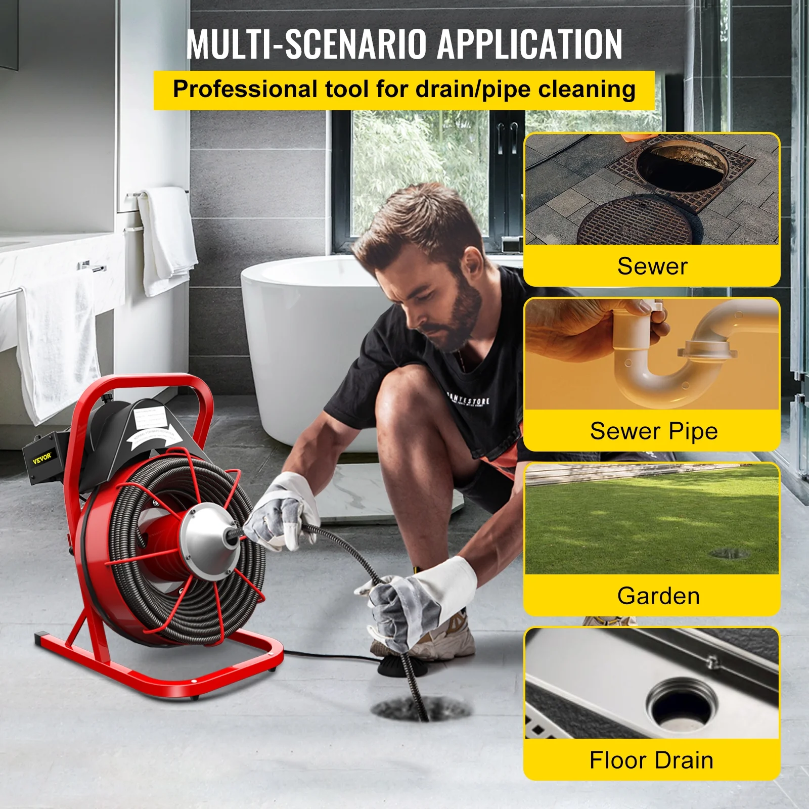 VEVORbrand Drain Cleaning Machine 75ft x 3/8 in Drain Cleaner Machines 250W Electric Drain Auger for 1