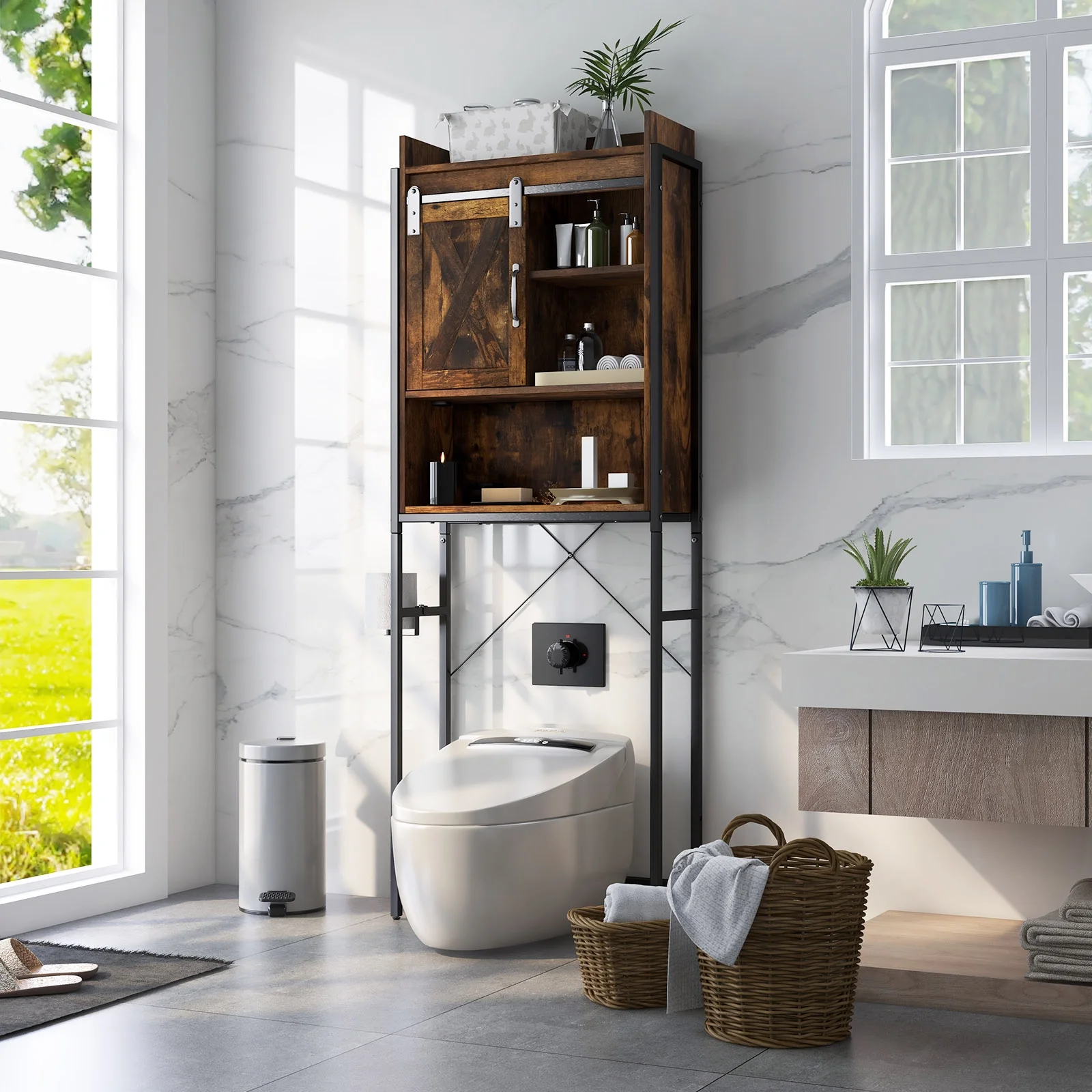 Topbuy Over The Toilet Storage Cabinet 4-Tier Bathroom Organizer w/ Adjustable Shelves Sliding Barn Door & Toilet Paper Holder Rustic Brown
