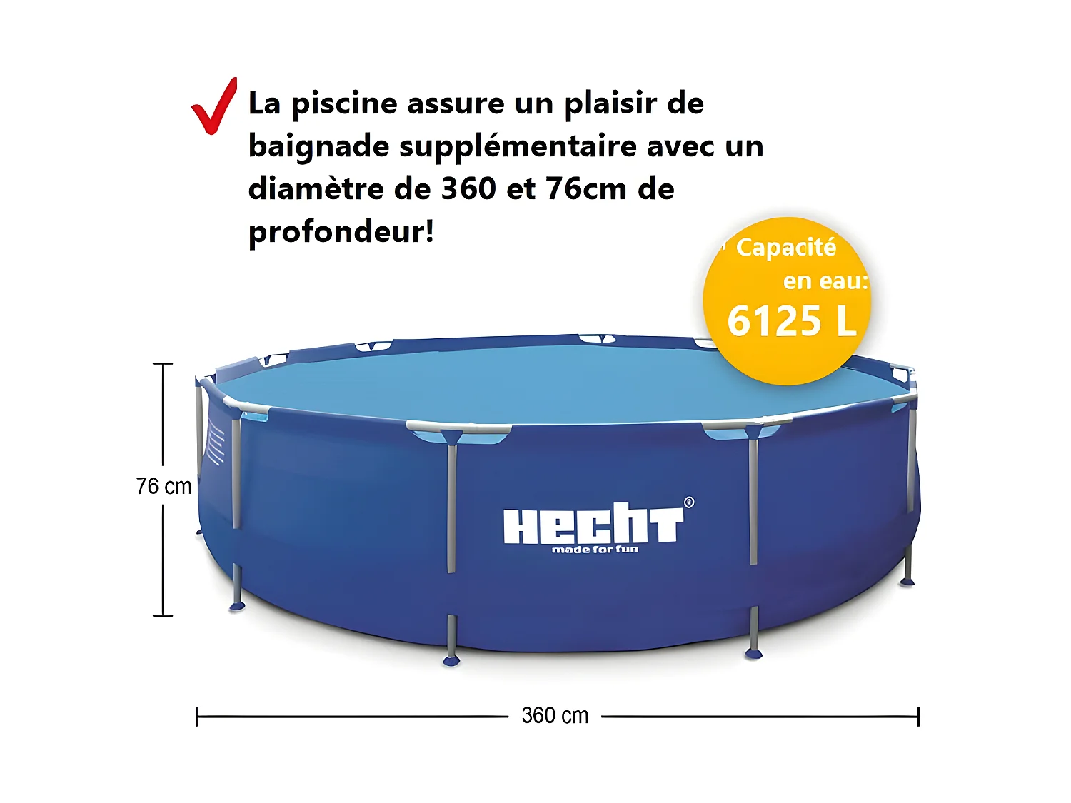Hecht 3690 BLUESEA Grande Piscine tubulaire hors sol ronde 360x76cm (diamètre X profondeur) de haute qualité