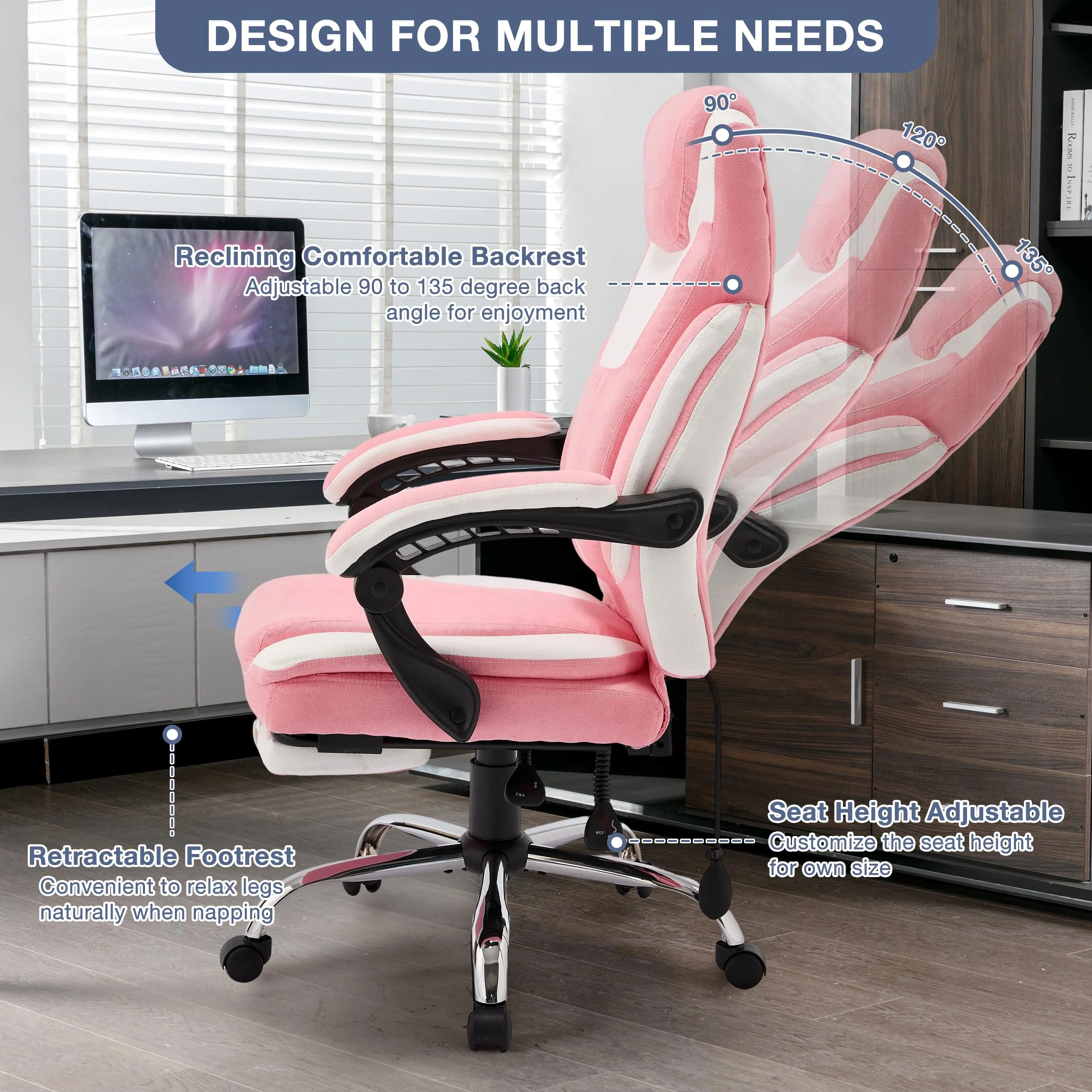 JONPONY Big and Tall Office Chair 400lbs, Executive Reclining Office Chairs with Footrest, High Back Home Office Chair Thick Padded Armrests, Ergonomic Adjustable Lumbar Support, PinkWhite - Image 10