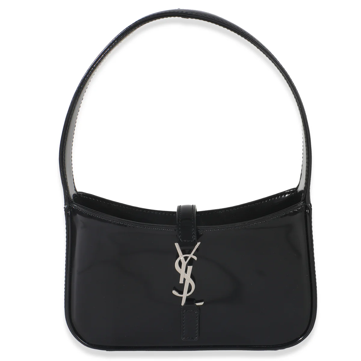 Saint Laurent Le 5 à 7 Patent Leather Hobo Bag - Black / Silver - COZYMIZE