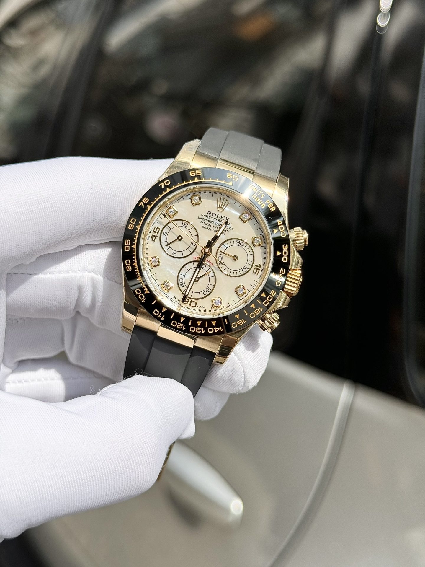 Rolex Daytona 116518 White Mother of Pearl Dial Rep 11 Watch With Moissanite Diamond Clean Factory 40mm - Elite Watch Atelier