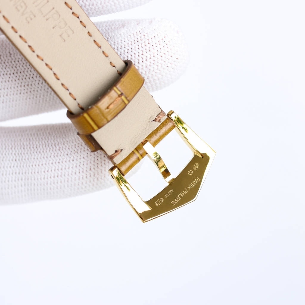 Fake diamond Watch Patek Philippe Replica 4936J-001 Complications Ladies Annual Calendar Moon Phase 37mm White Mother of Pearl Roman Diamond Bezel Yellow Gold Leather Date(1:1 replica) - Top club