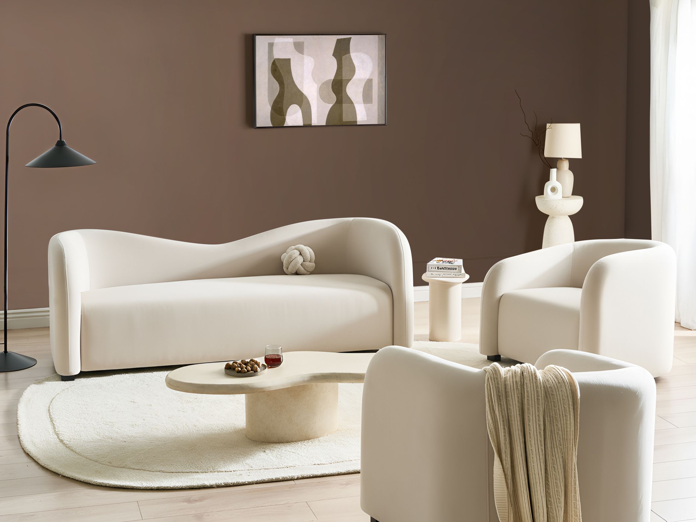 Living Room Set 5 Seater VELTADA Velvet Off-White